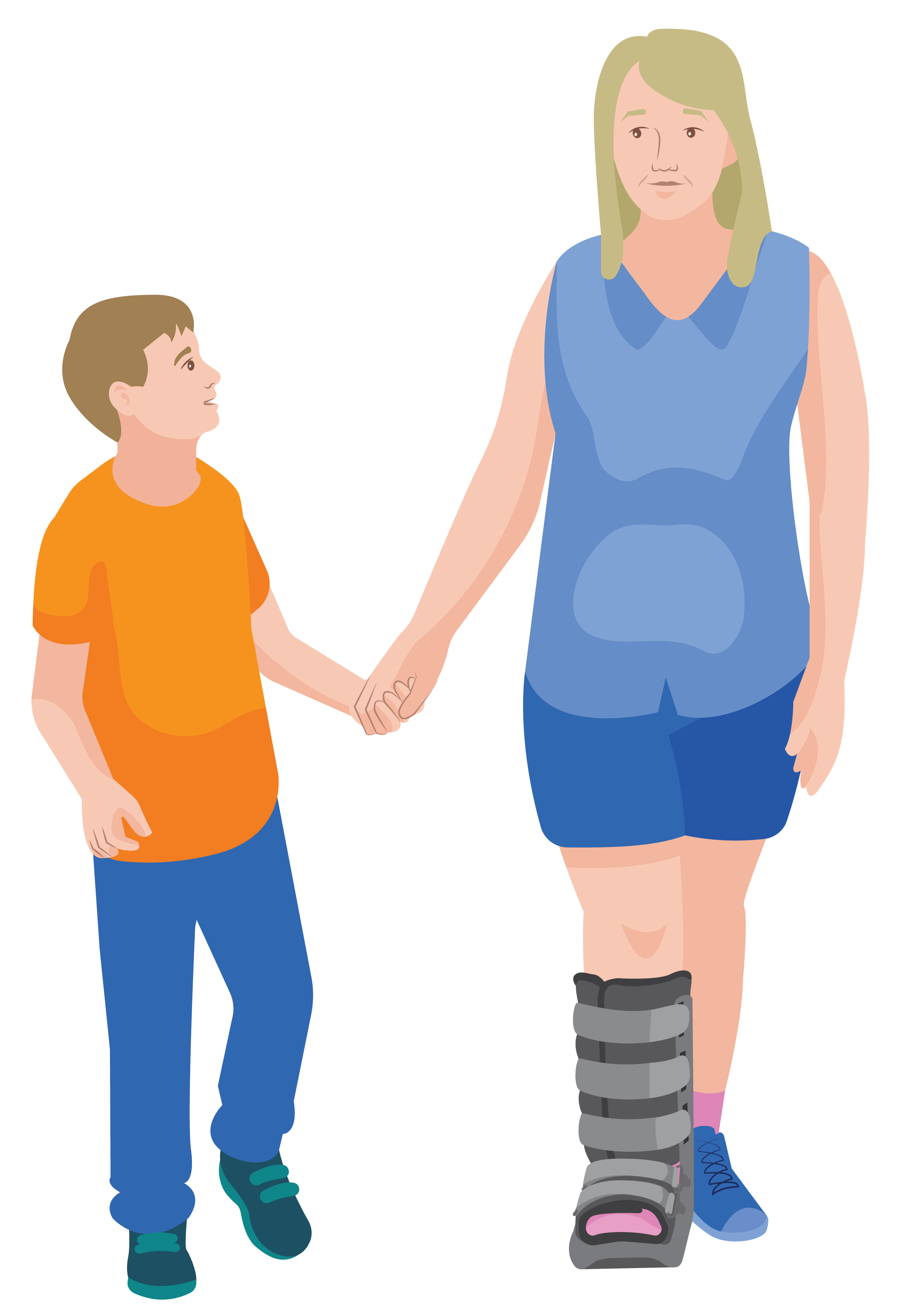 Jess walking with her rigid removable boot on and holding her child’s hand.