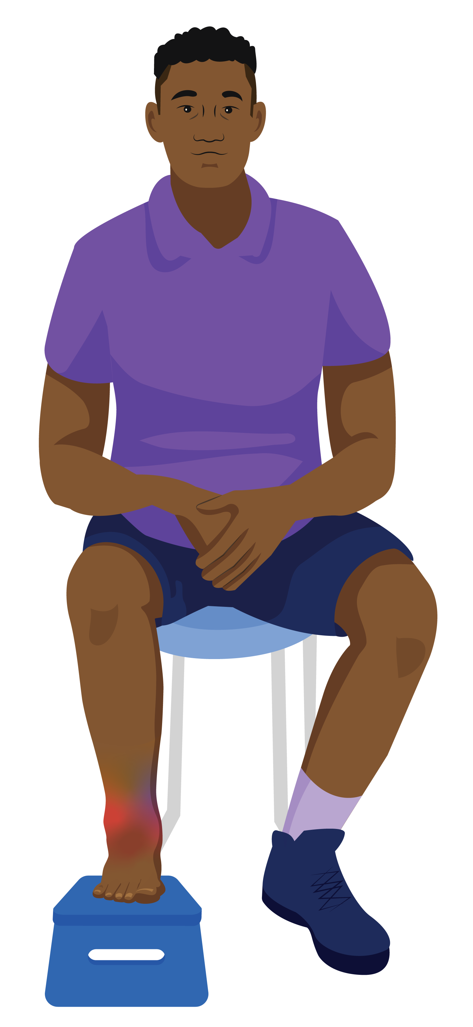 Khari sitting in a chair with his right foot propped up on a small stool. His right ankle is red and swollen