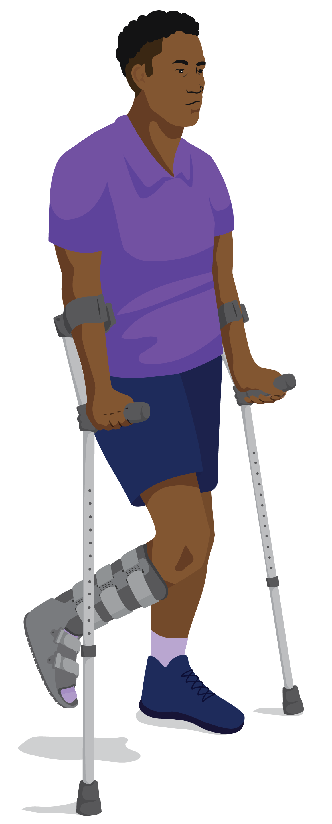 Khari wearing a rigid removeable boot that is lifted from the ground and walking with elbow crutches