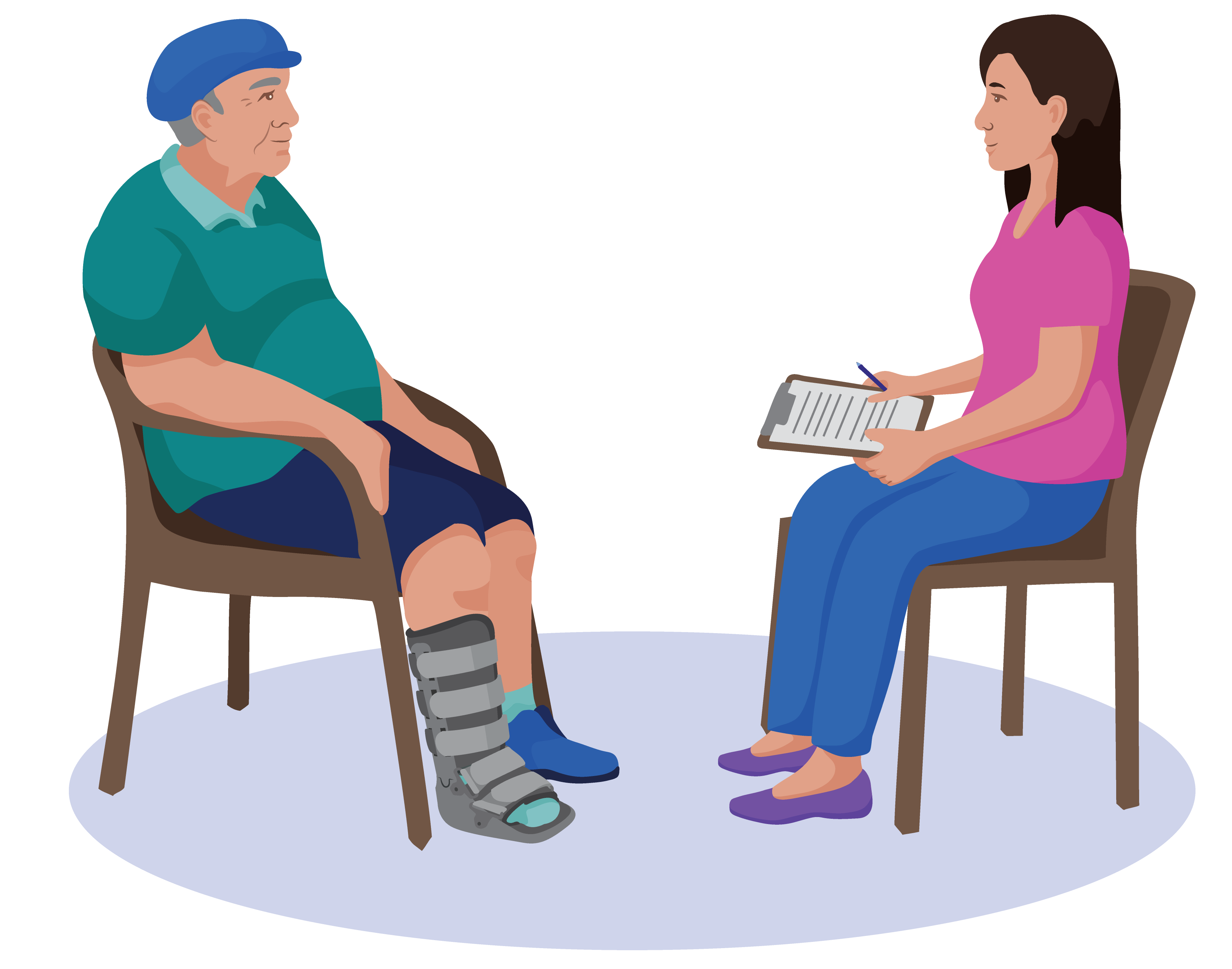 Mario wearing a rigid removable boot having a follow up interview with health worker