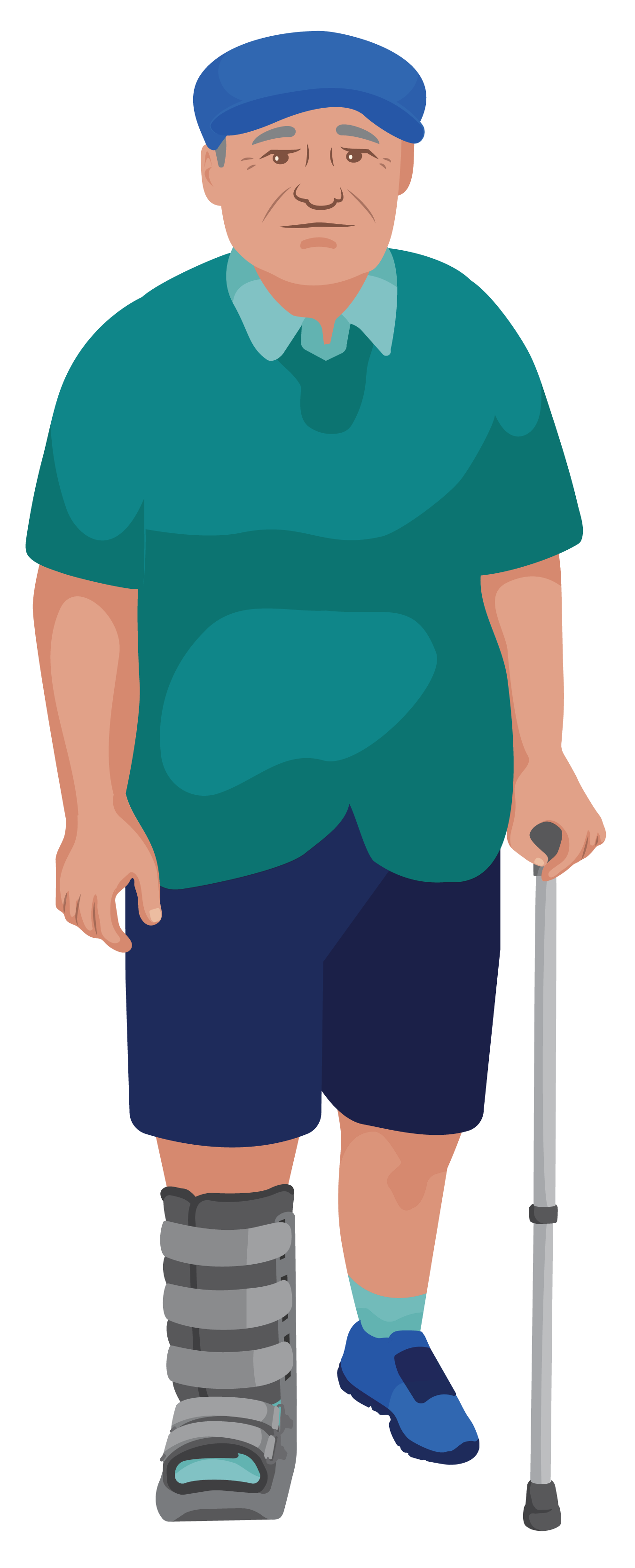Mario walking with a walking stick and rigid removable boot
