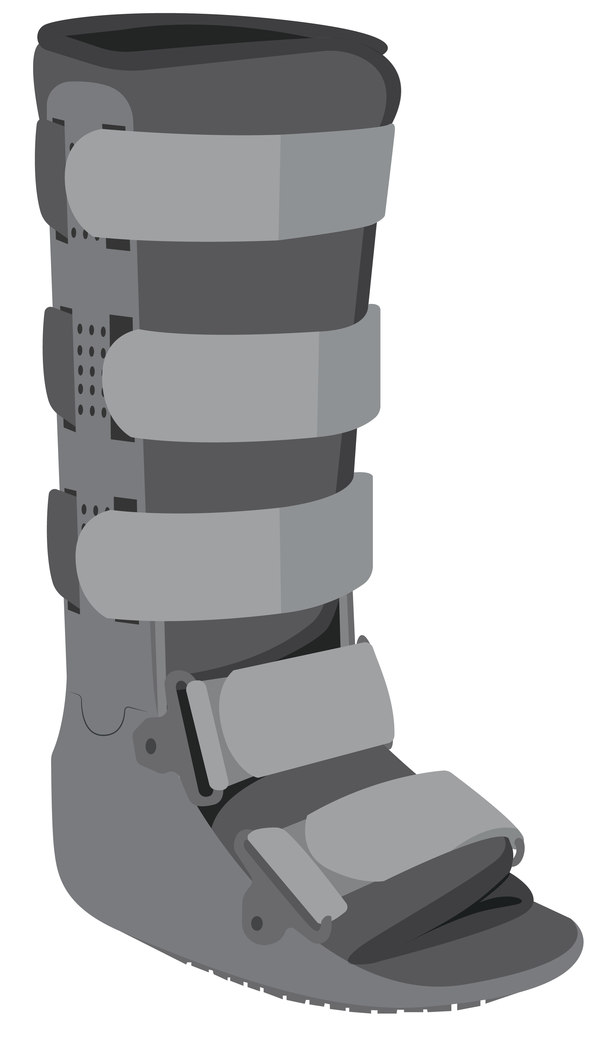 A tall boot with soft lining and hard plastic outside, with 5 adjustable straps