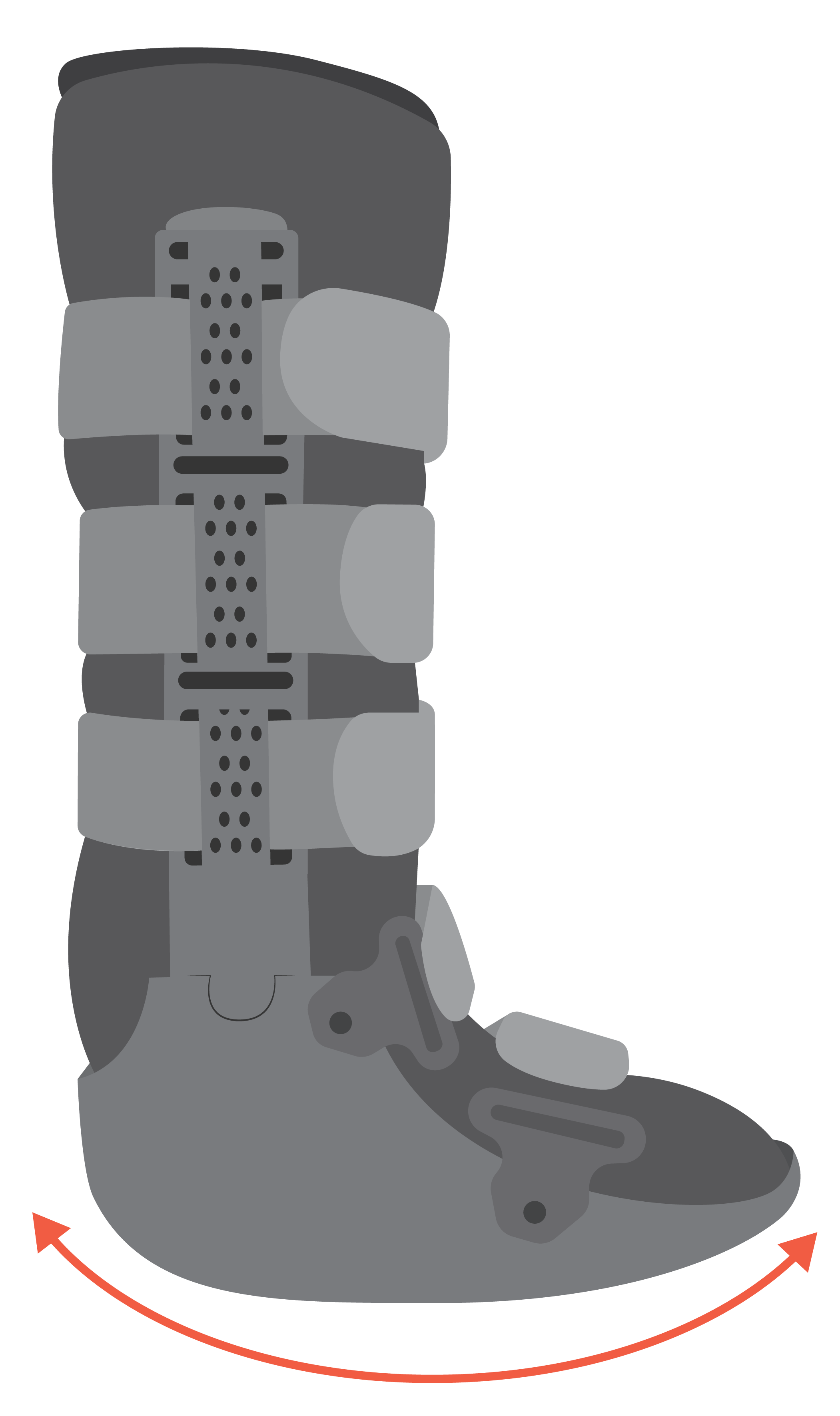 Rigid removable boot with an arrow showing the bottom is curved