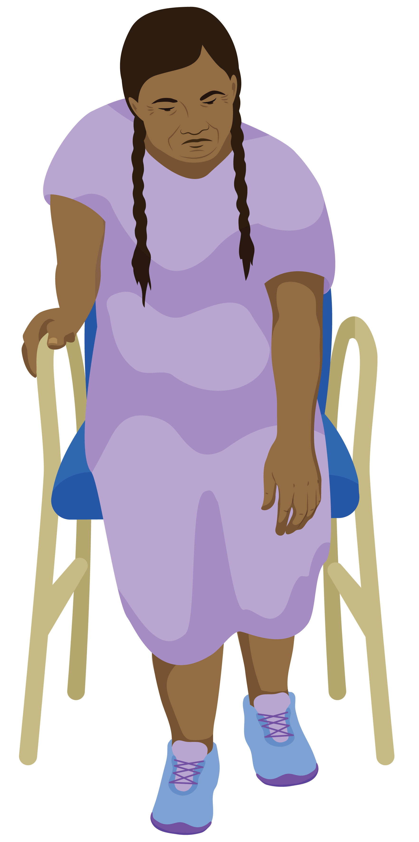 Sofia sitting in arm chair reaching forward, unable to reach feet