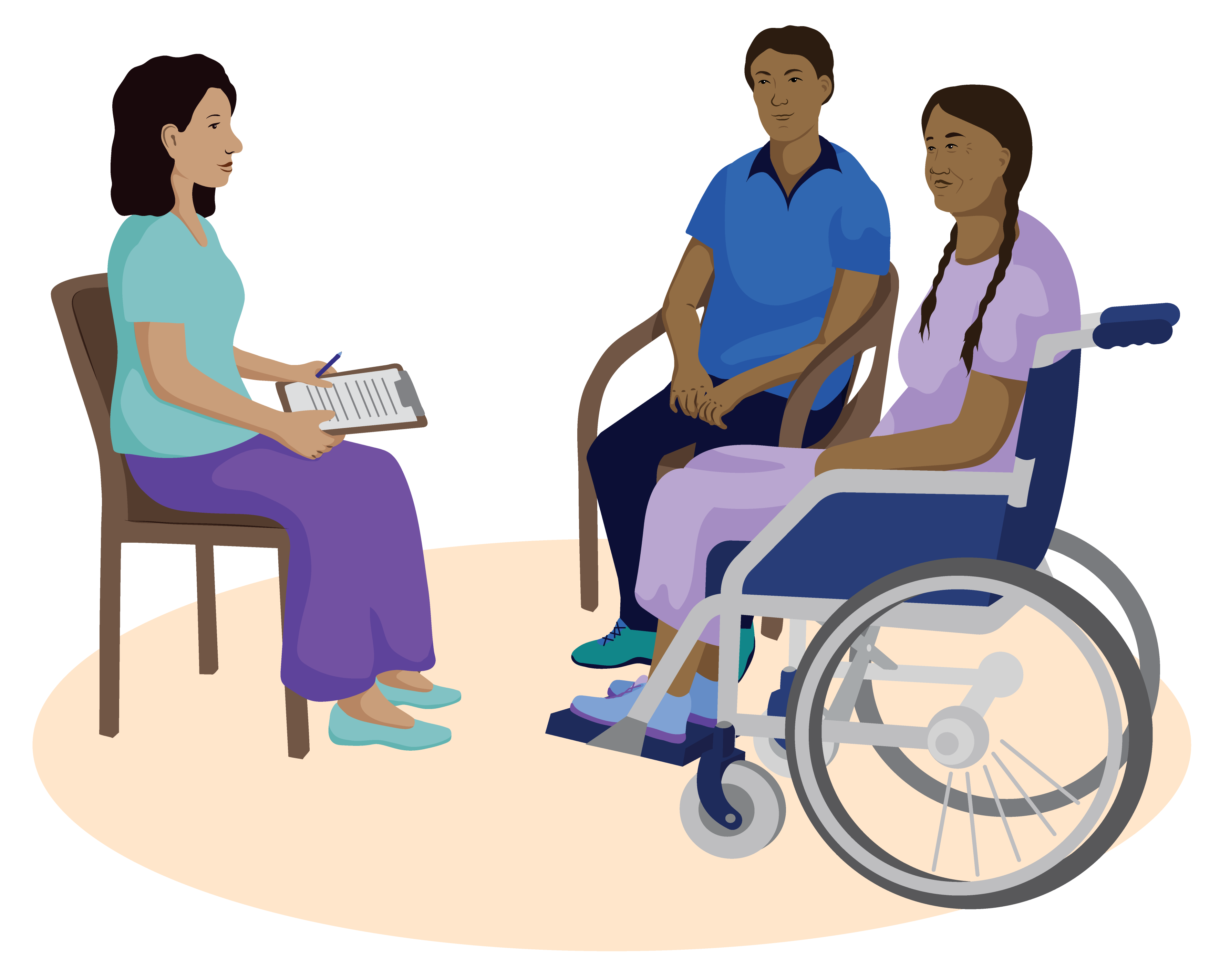 A health worker speaks with a woman using a temporary wheelchair and her son.