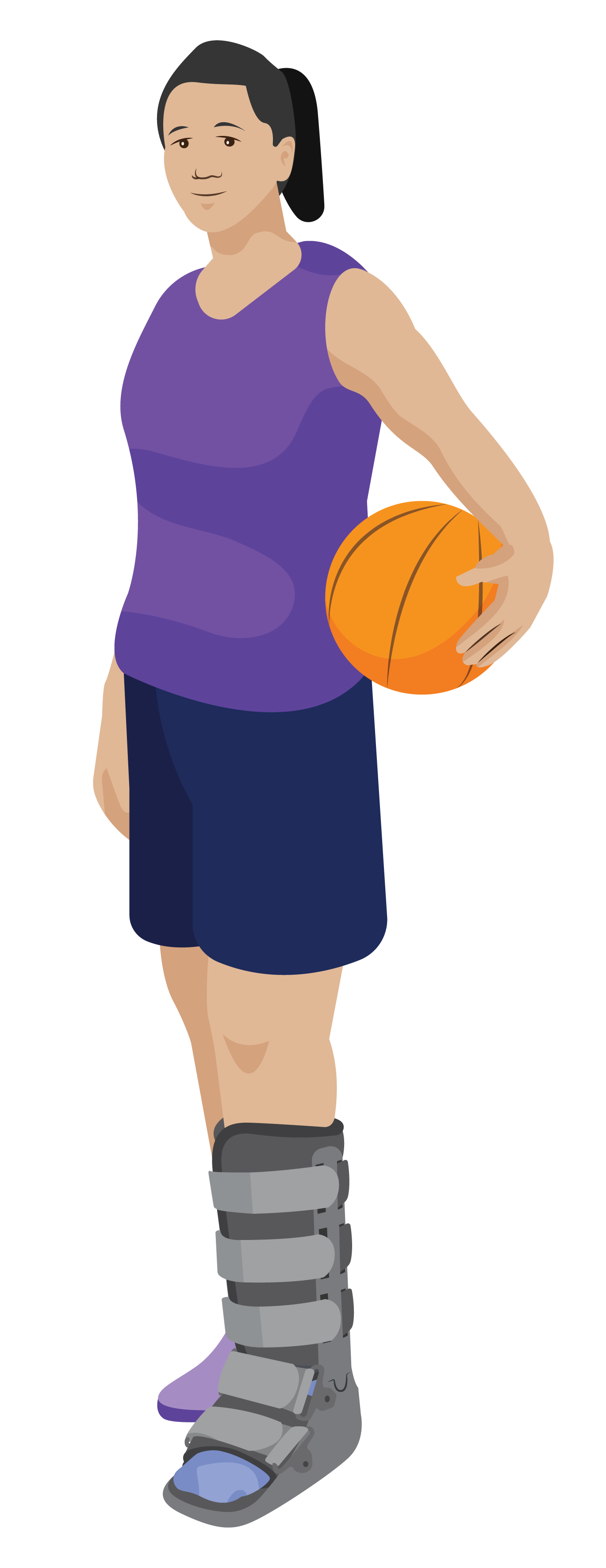 Wei holding basketball and wearing a rigid removable boot.