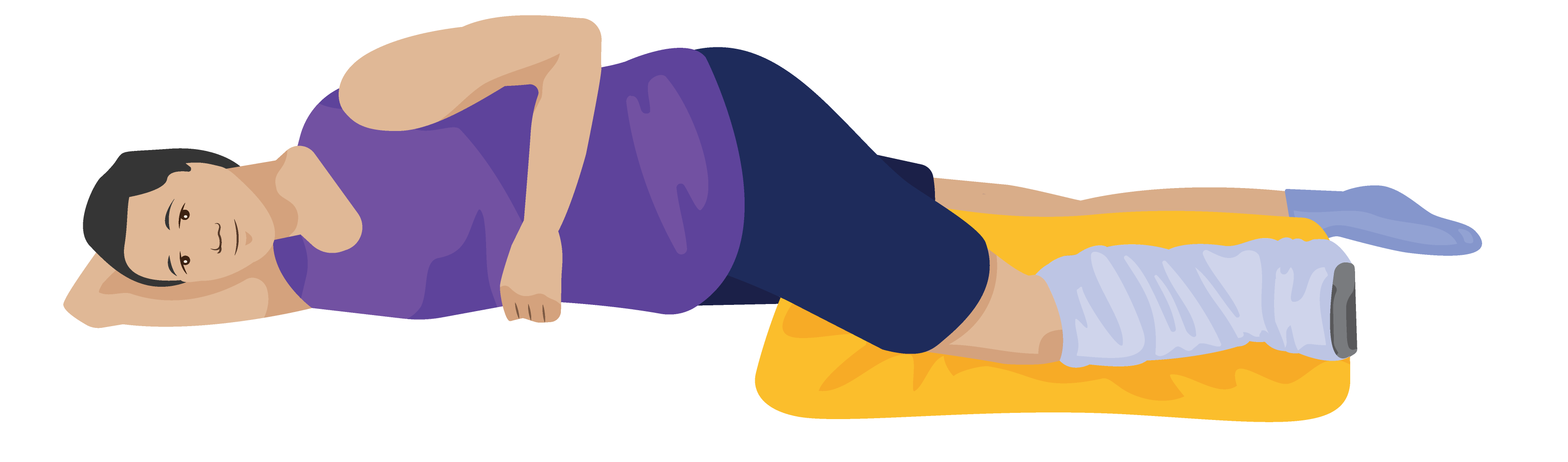 Wei lying down on her side with material wrapped around the rigid removable boot and a pillow between her knees