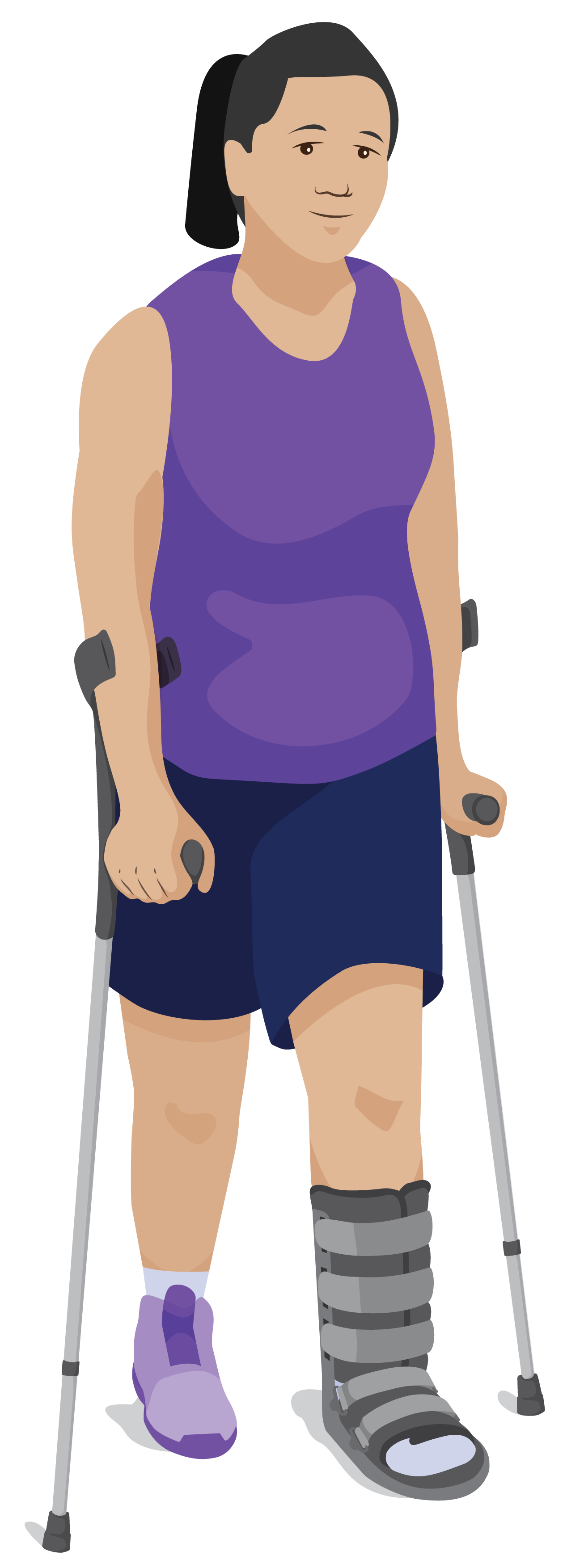 Wei wearing a rigid removeable boot that is touching the ground and walking with elbow crutches