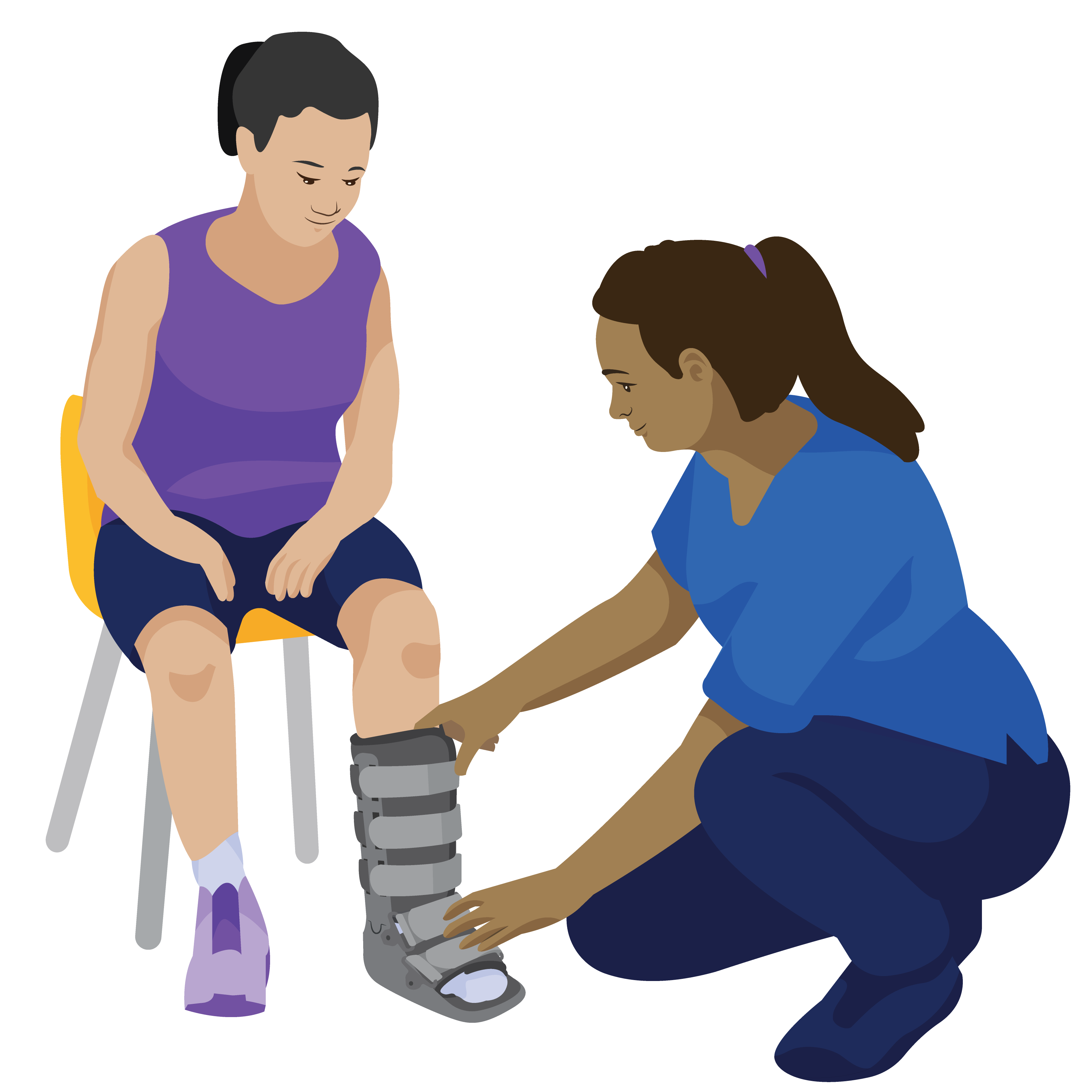 Wei sitting down while a health worker measures the size of a rigid removable boot against her leg