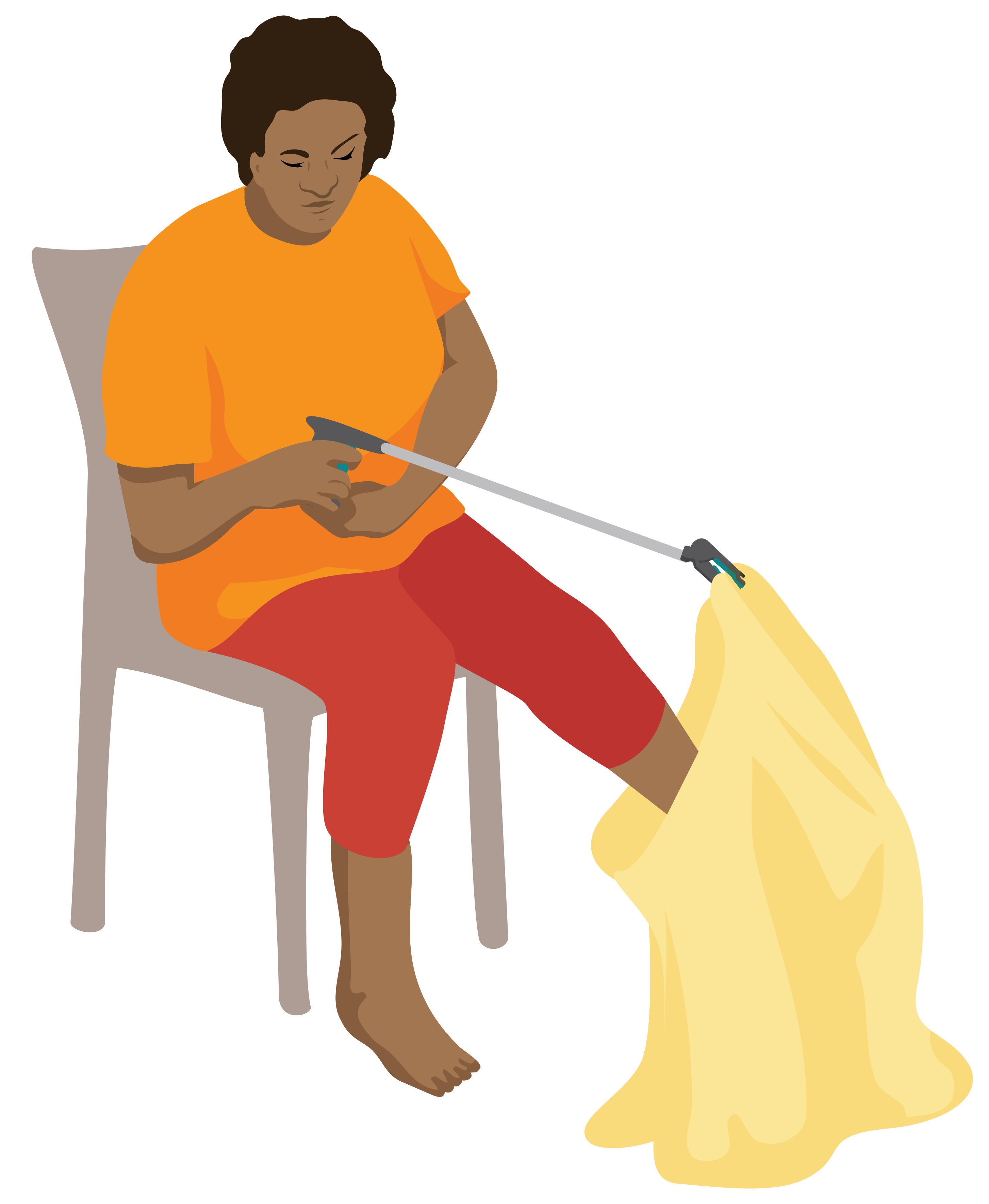 Aida uses a reach and grab tool to pull on a skirt. She is sitting down.