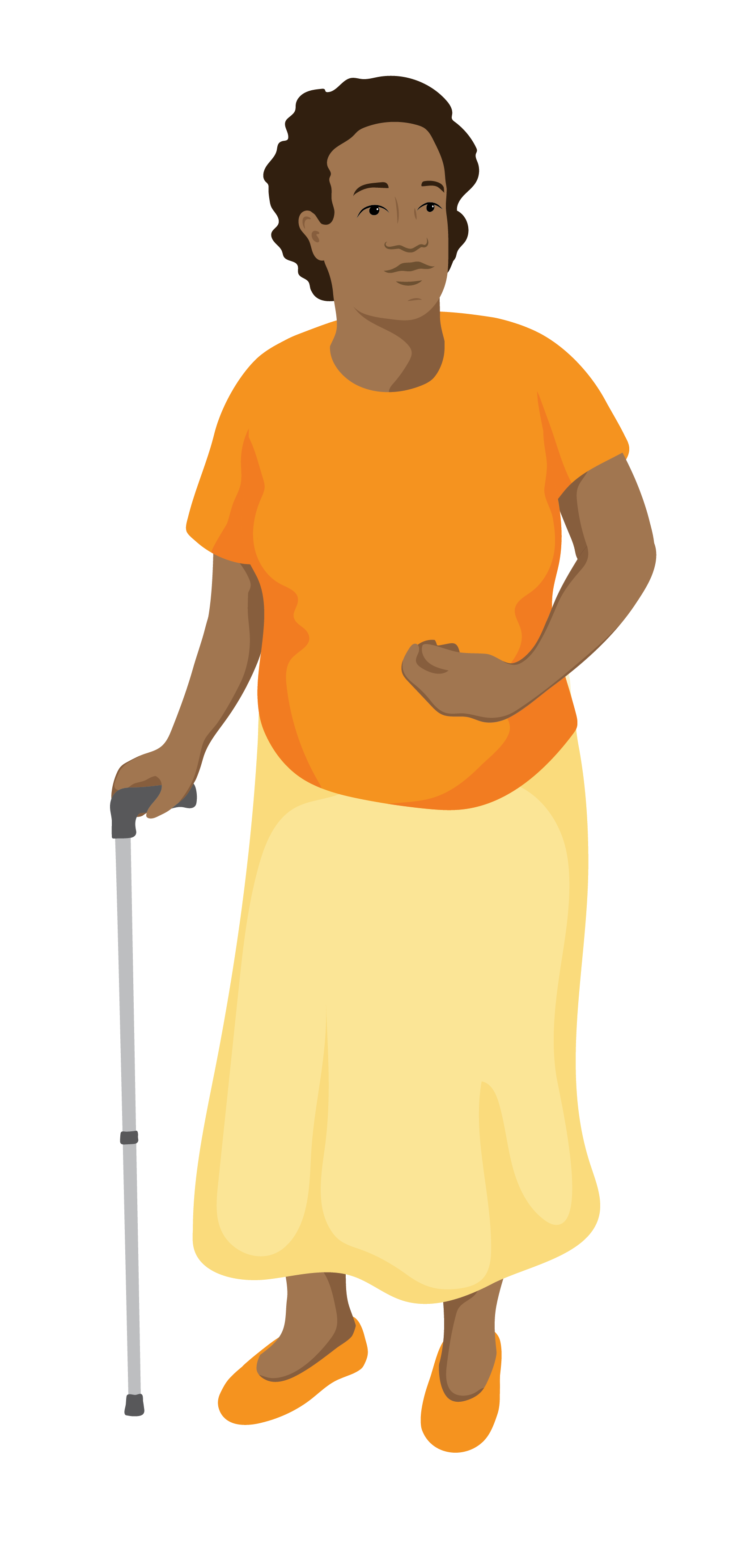 Aida uses a walking stick with her right arm. Her left arm is curled towards her body.