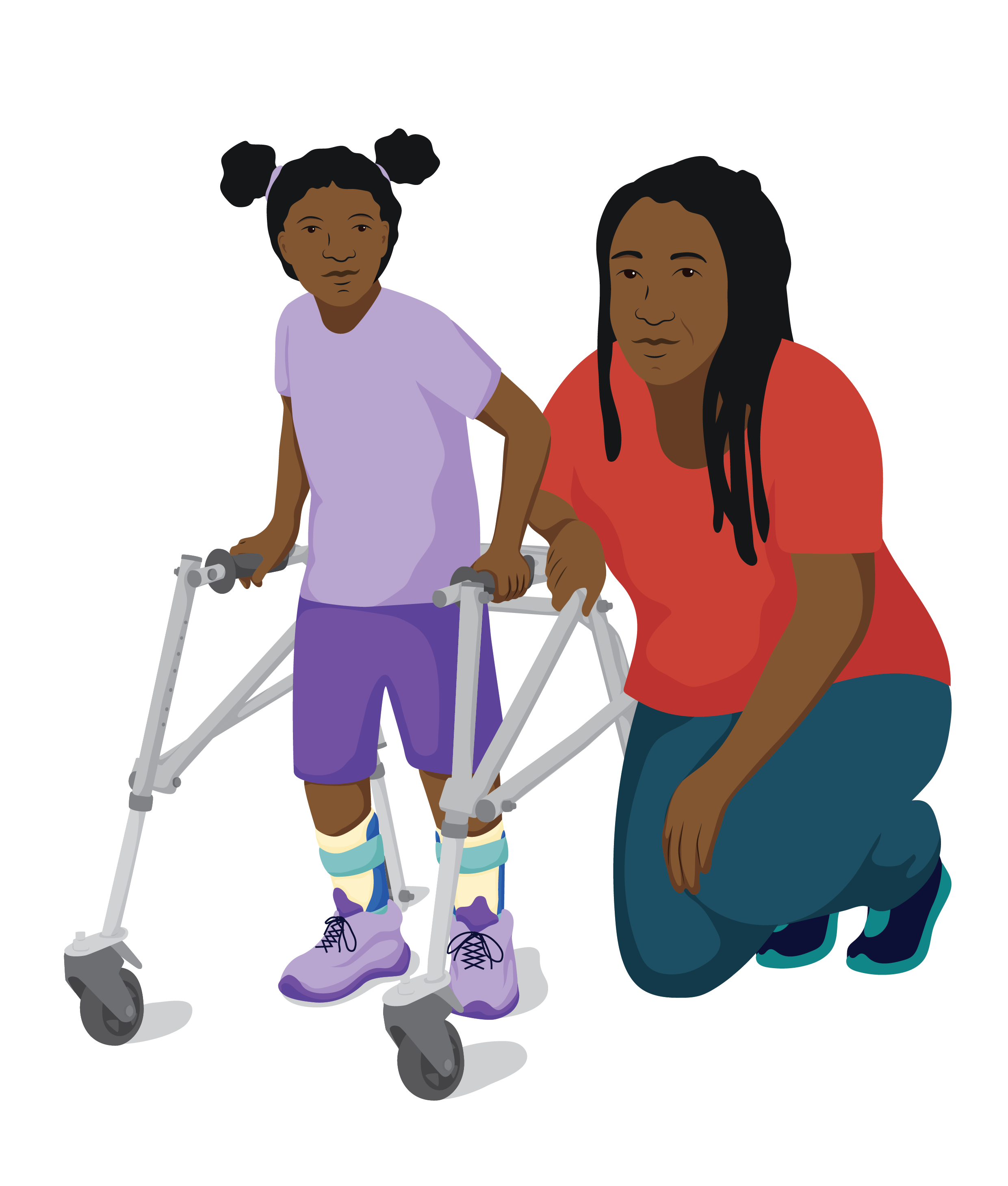 A young girl standing with a posterior walker which is a walking frame with wheels that supports her from behind. Her mother is kneeling down beside her