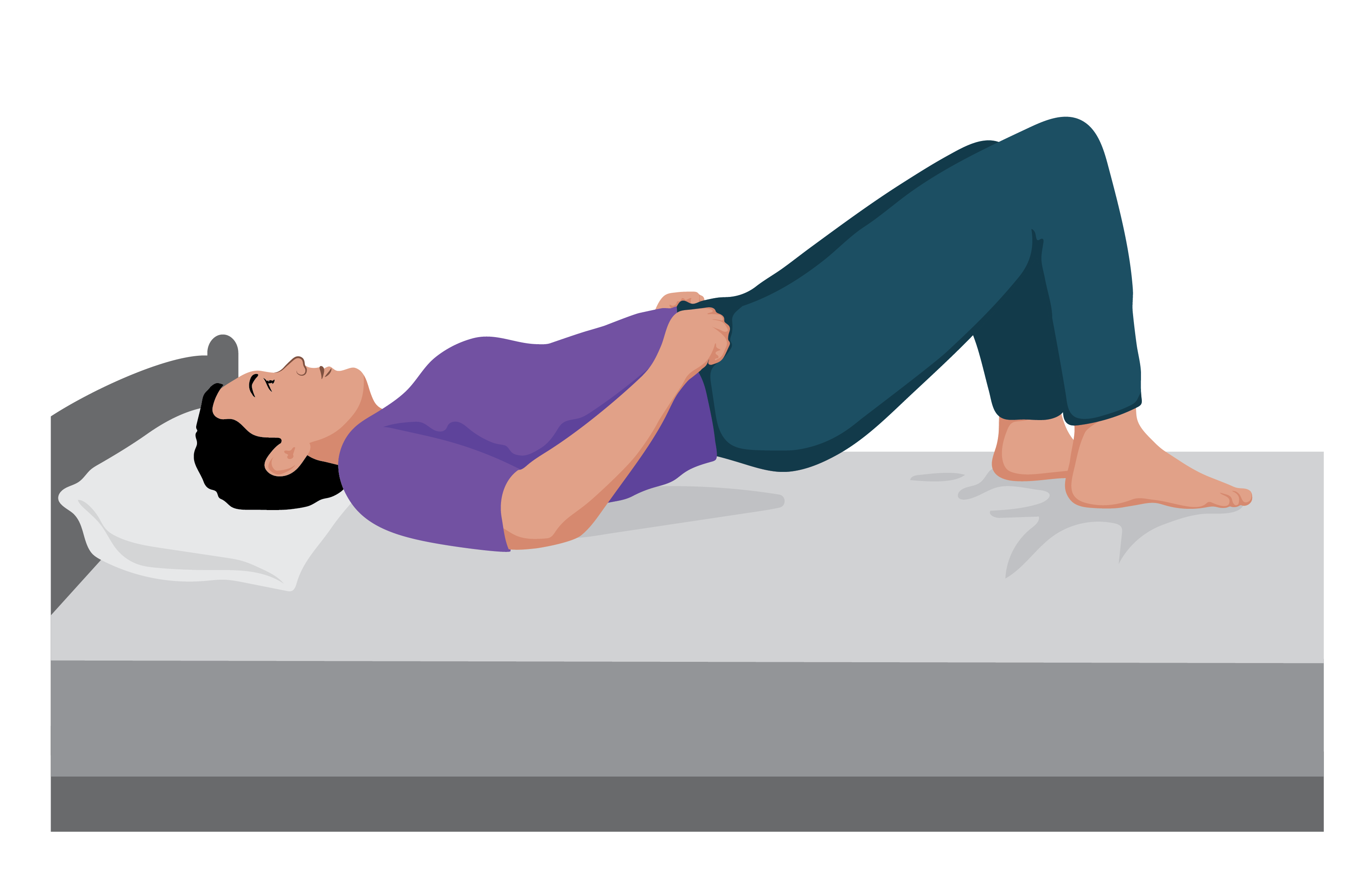 A man lays on his back on a bed. He pushes his feet into the mattress and lifts his hips off the bed