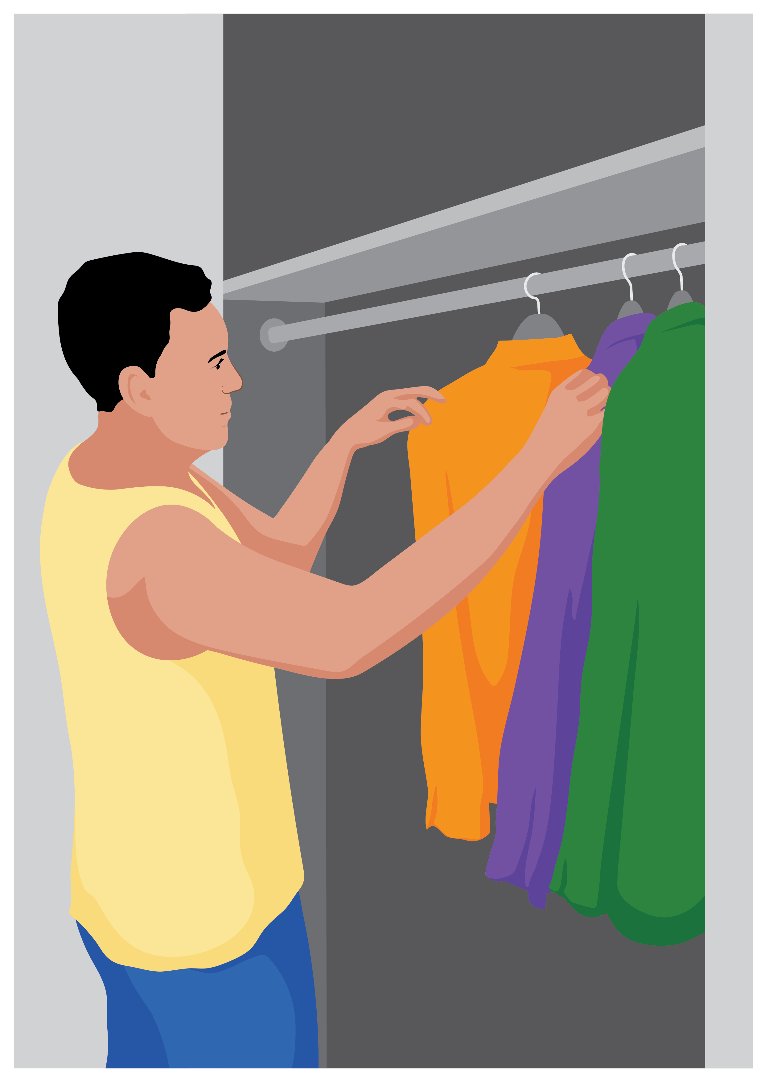 A person looks at clothes in their closet, choosing which shirt to wear.