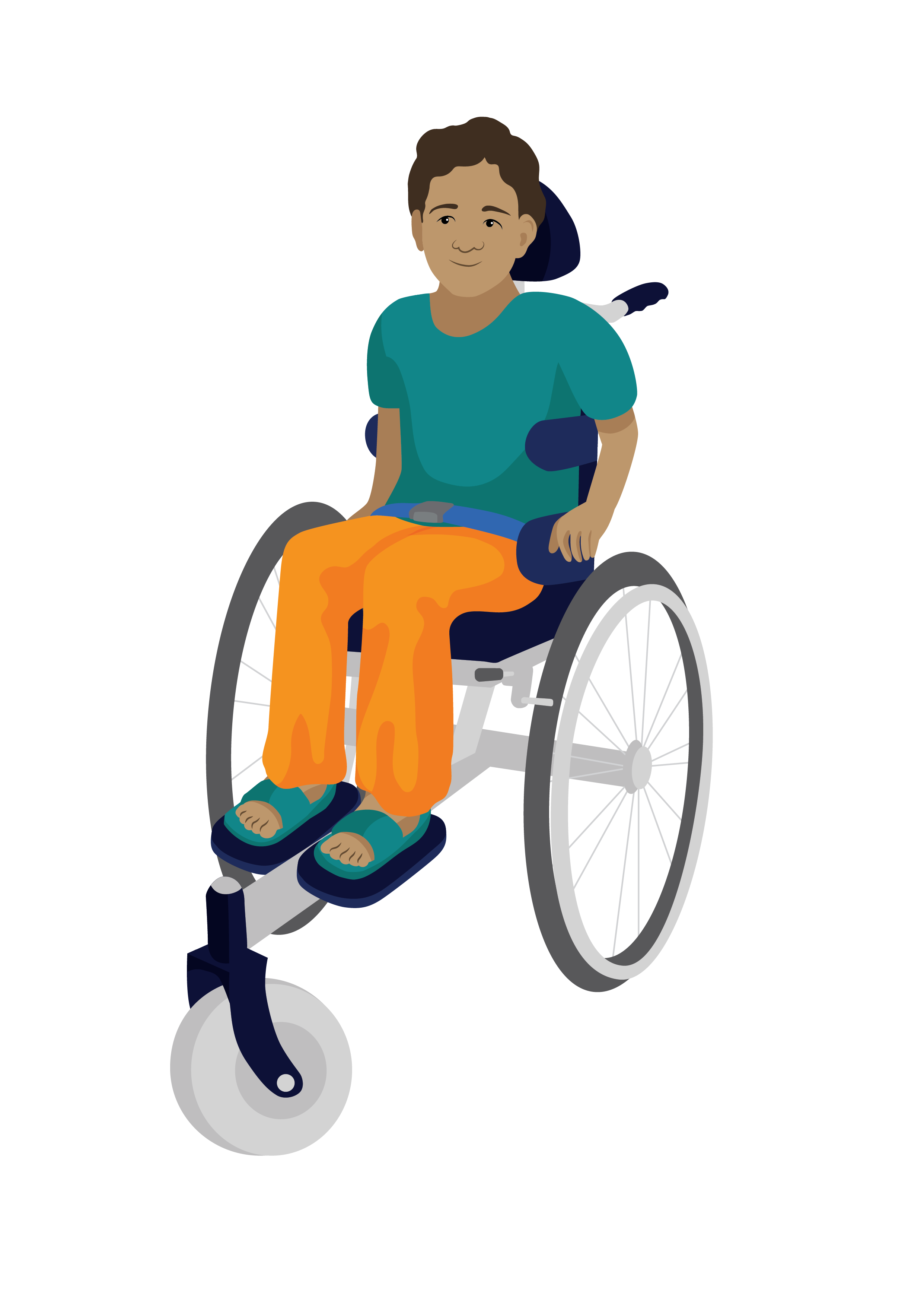 Firoz, a young boy, sits in his wheelchair which has extra supports at the sides and a belt over his hips.