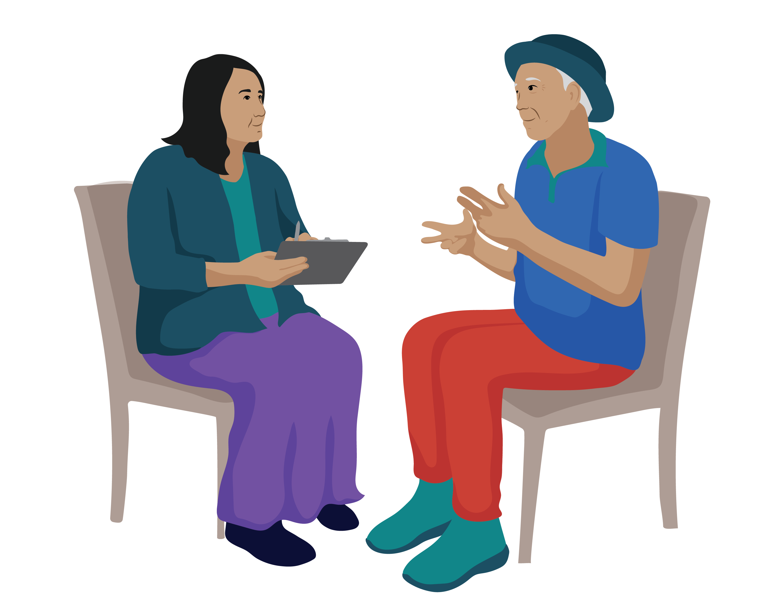 Hernando sits on a chair talking with a health worker.