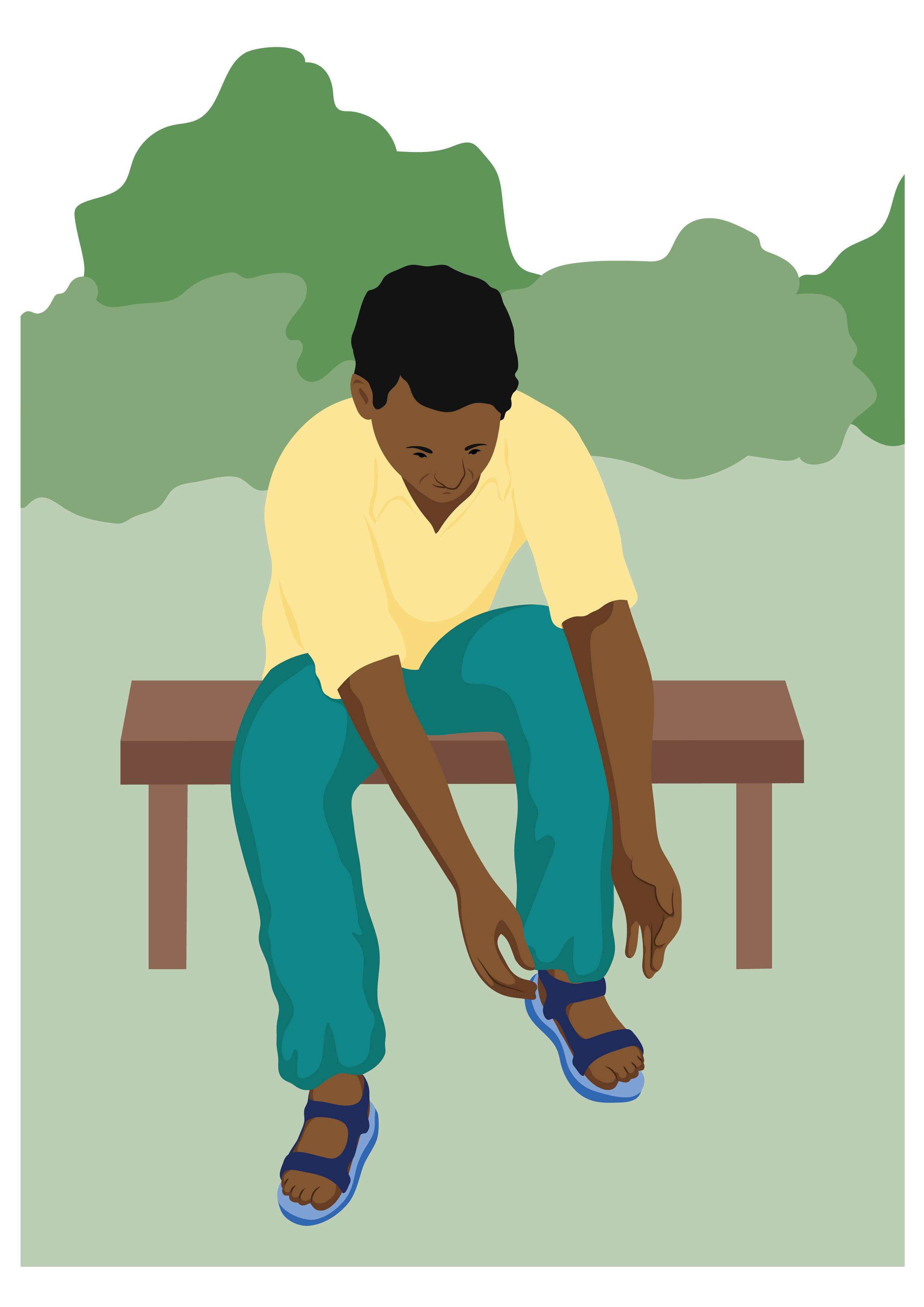 A person sits on a bench and reaches down to put on sandals.