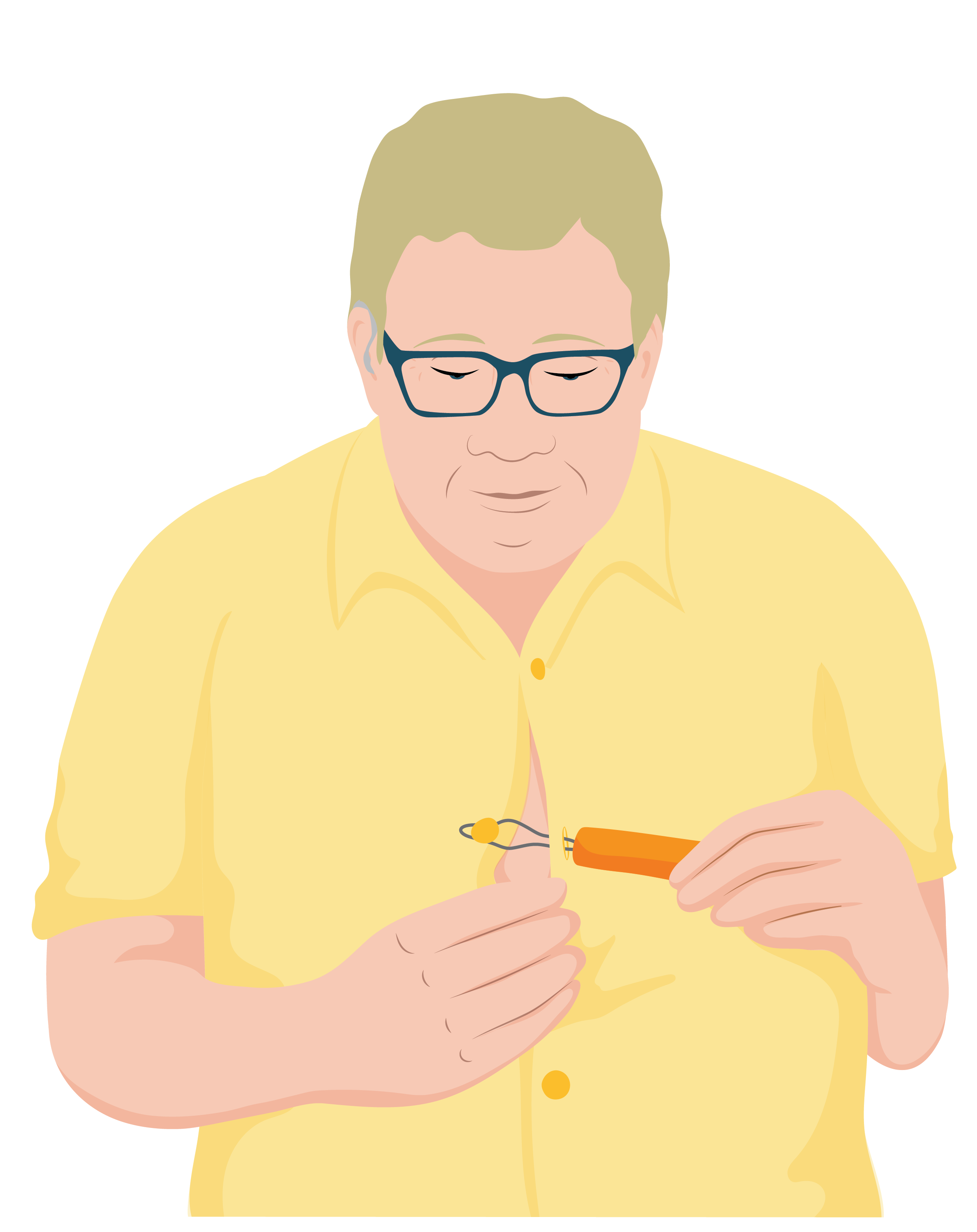 Samuel using a button hook to button his shirt