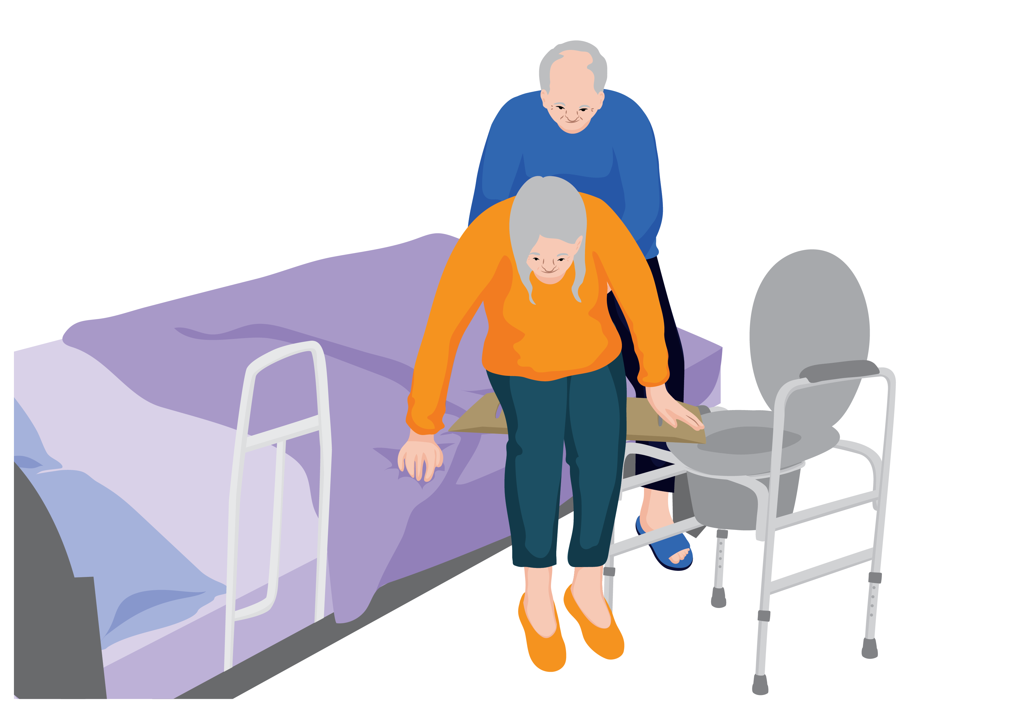 Verna with assistance moving from bed to toilet