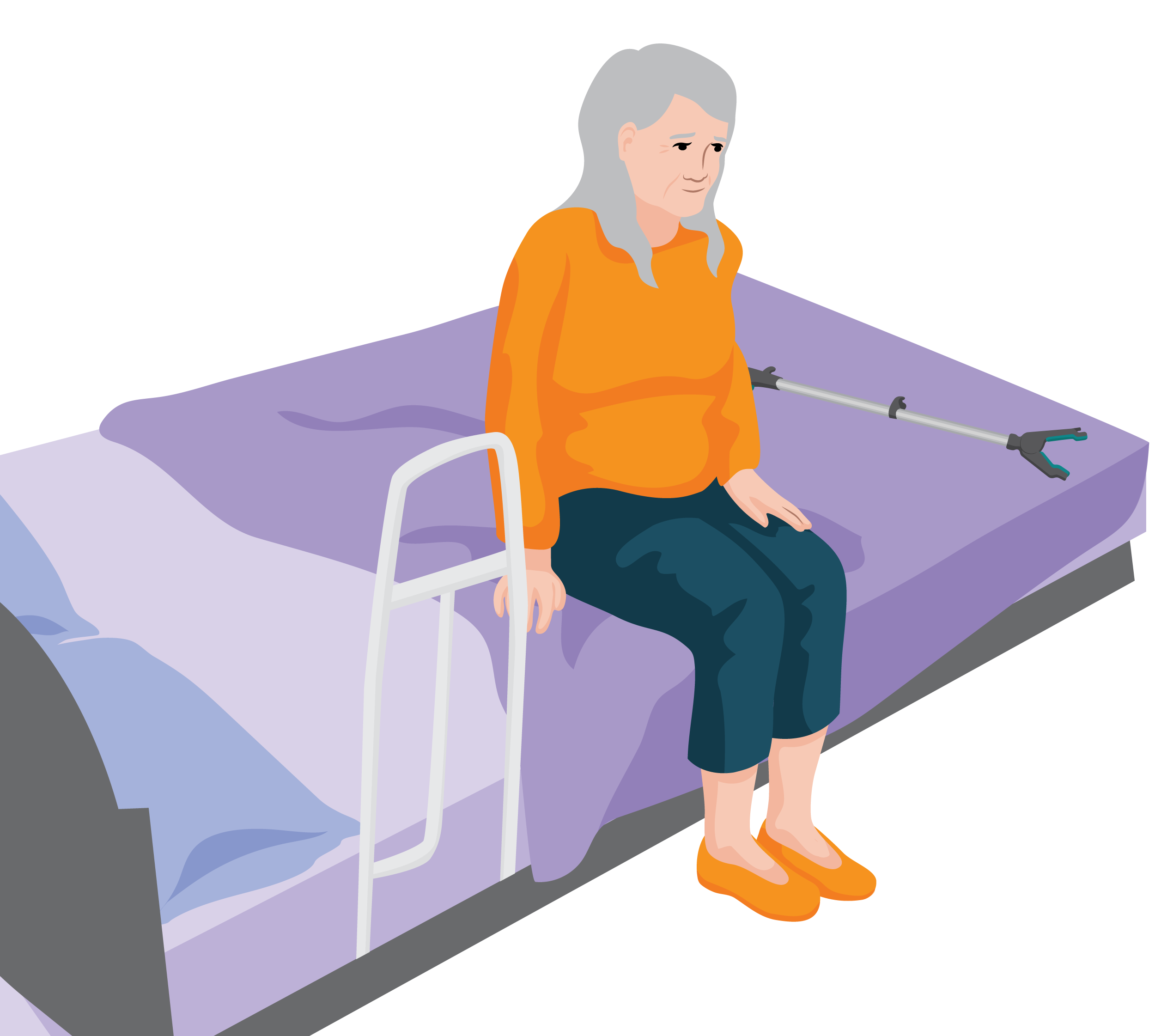 Verna sits on her bed with a reach and grab tool next to her and grab rail attached to the bed.