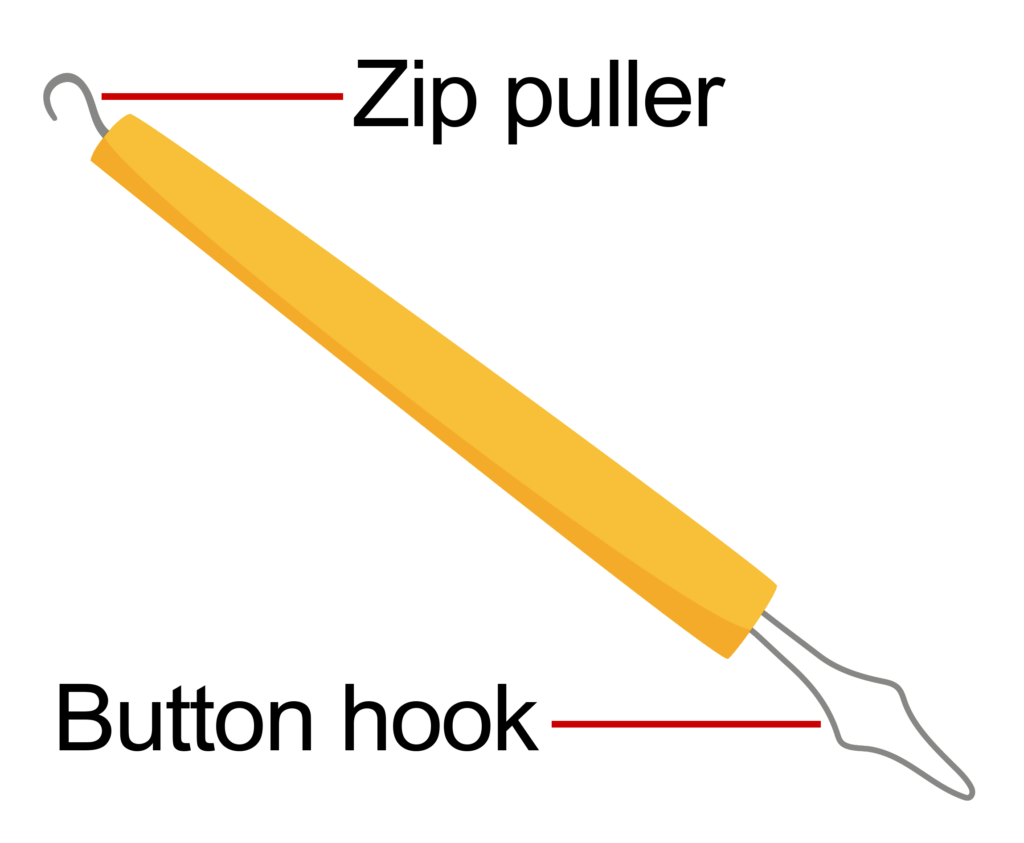 A short stick with a c shaped hook at one end, and a diamond shaped hook at the other.