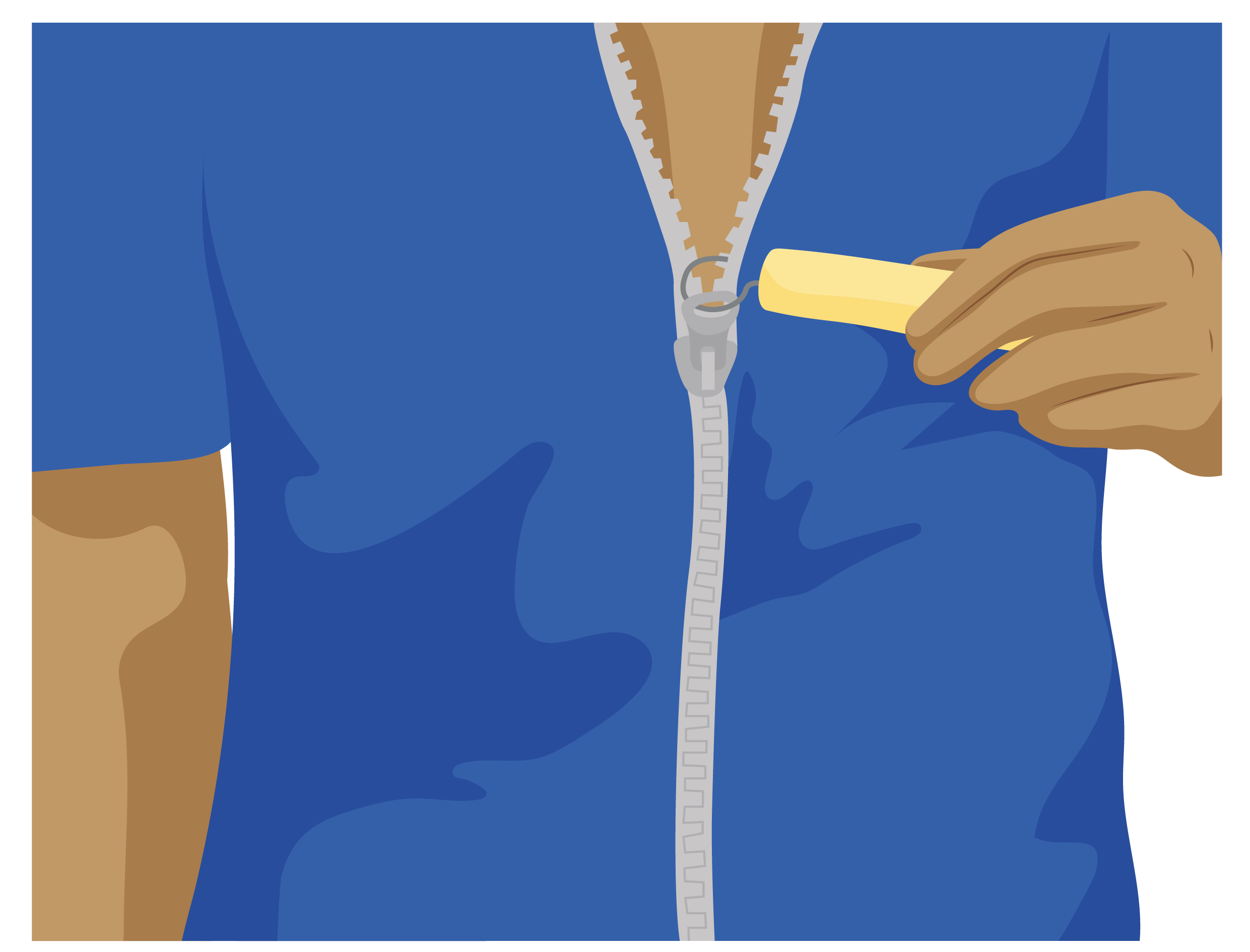 A person uses the c shaped hook on a button hook and zip puller to close a zip on a shirt.