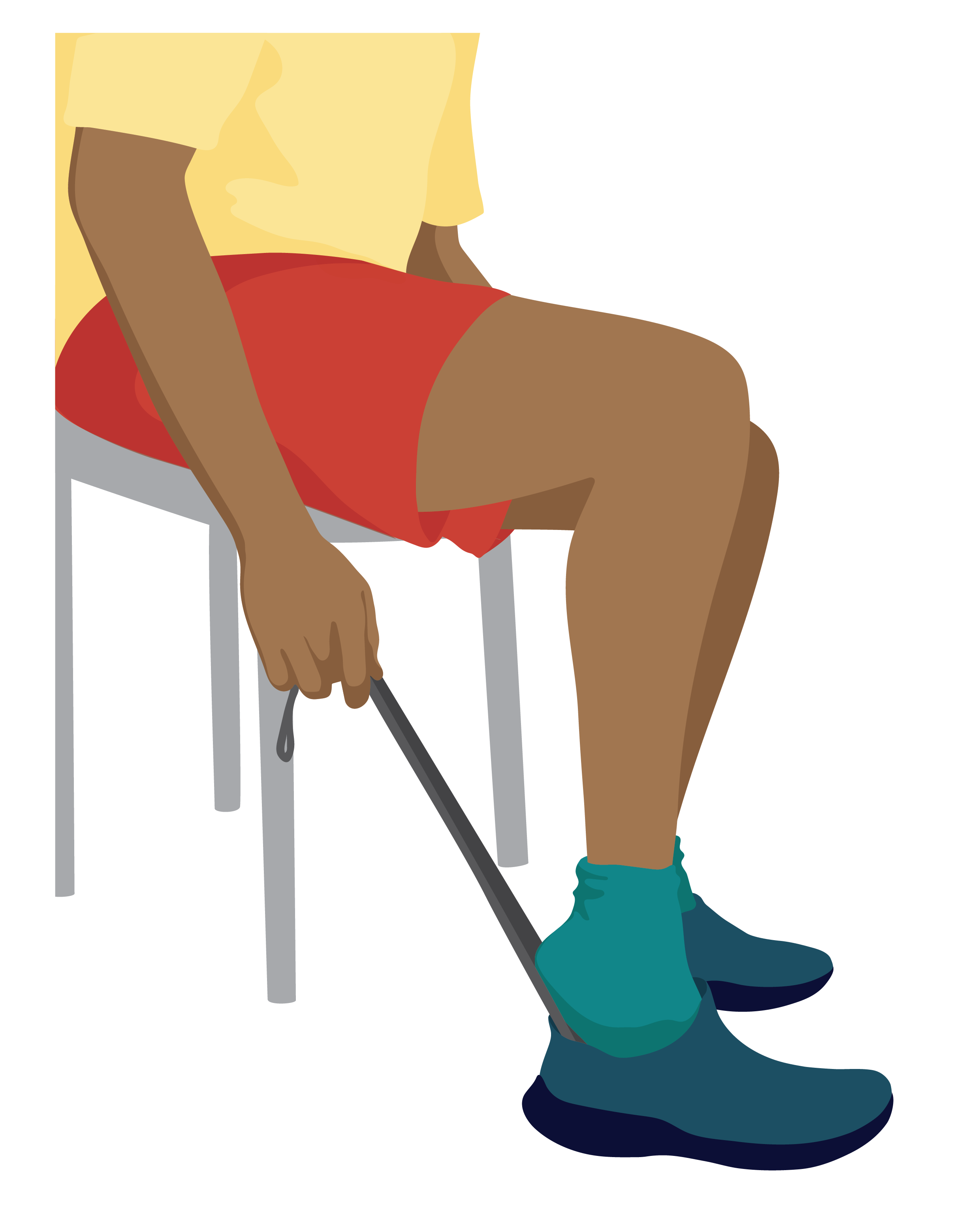 A person has a long handle shoe horn placed in the back of their shoe to help slide their foot in. The person sits on a chair.