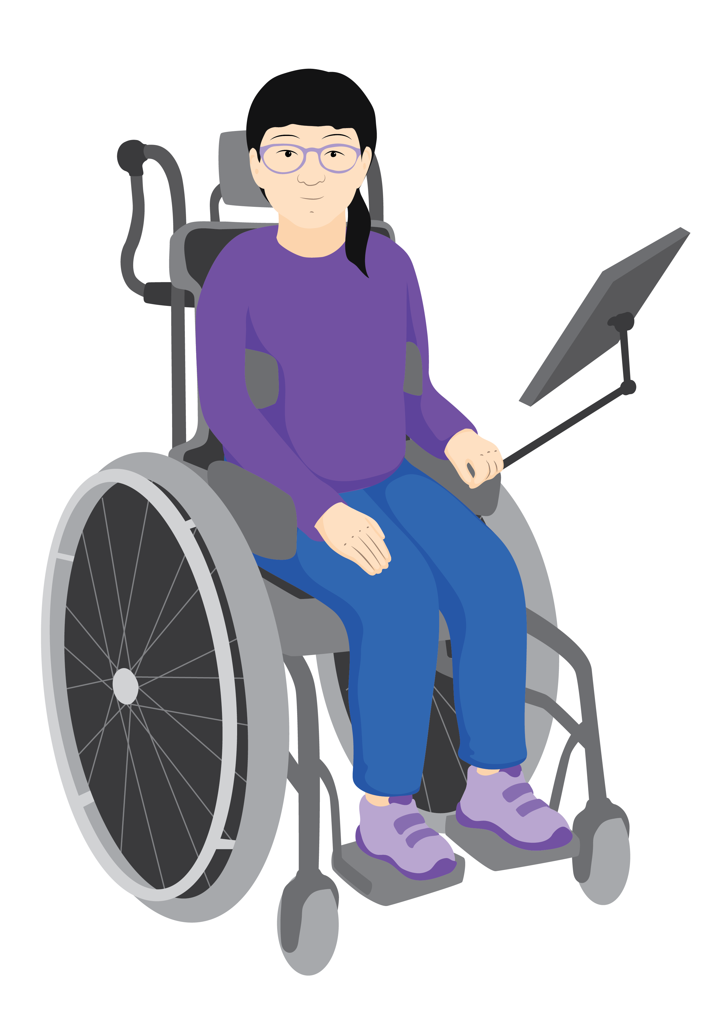 A young girl sitting upright in a wheelchair with extra support.