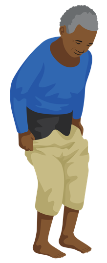 A person stands and pulls up their trousers.
