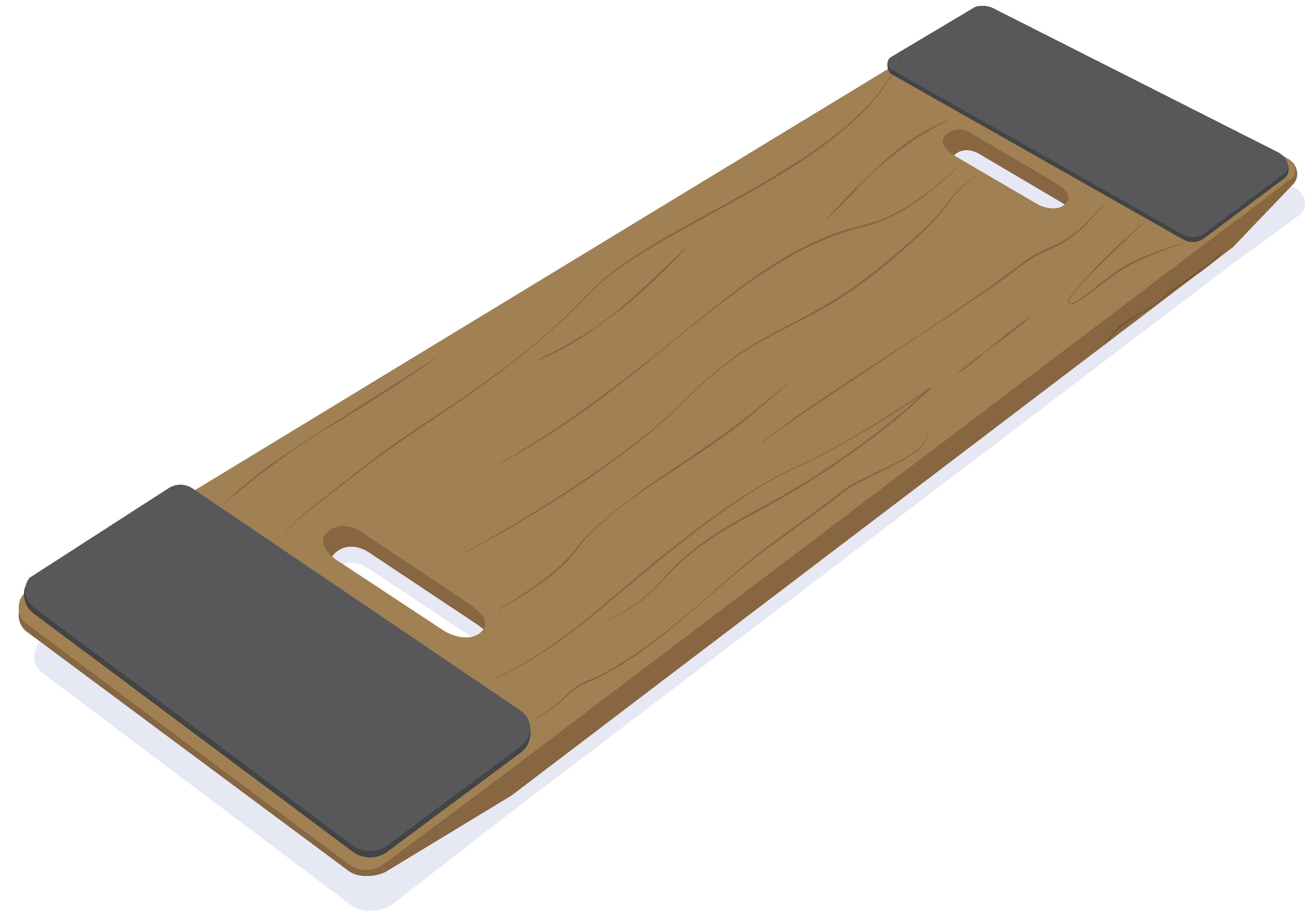Bottom surface of a straight wooden transfer board with non-slip padding on the edges.