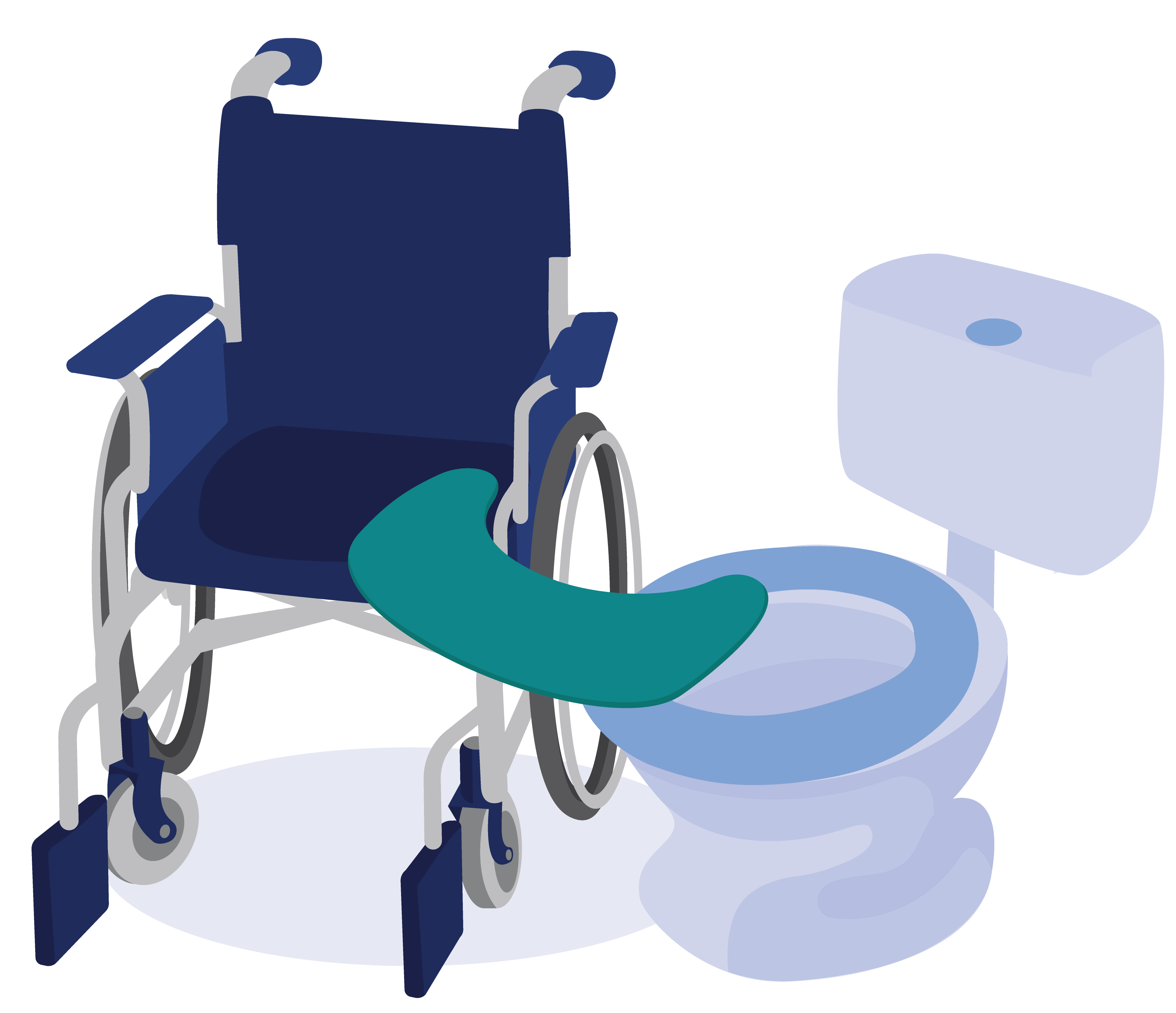 A curved transfer board positioned around the armrest of a wheelchair to reach a toilet.