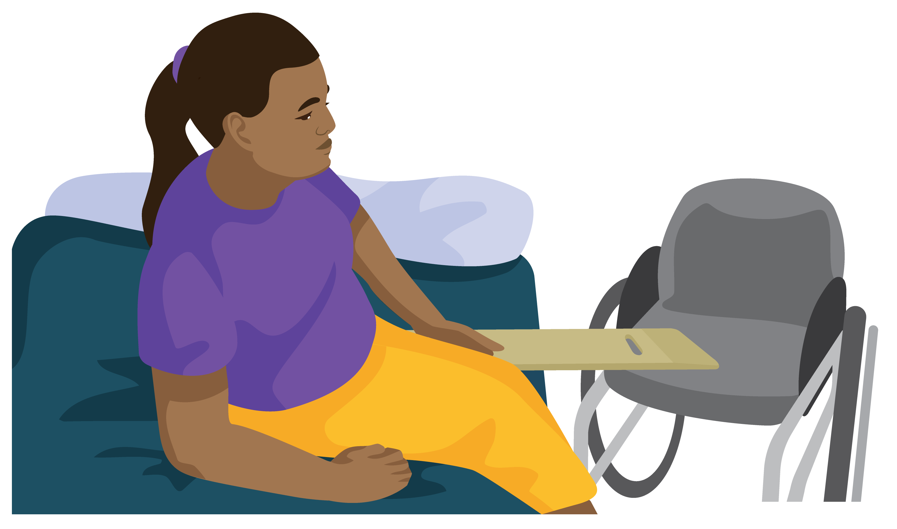 A woman using both hands in preparation for transfer. While seated, she supports herself using one hand while the other hand is used to position the transfer board in place.