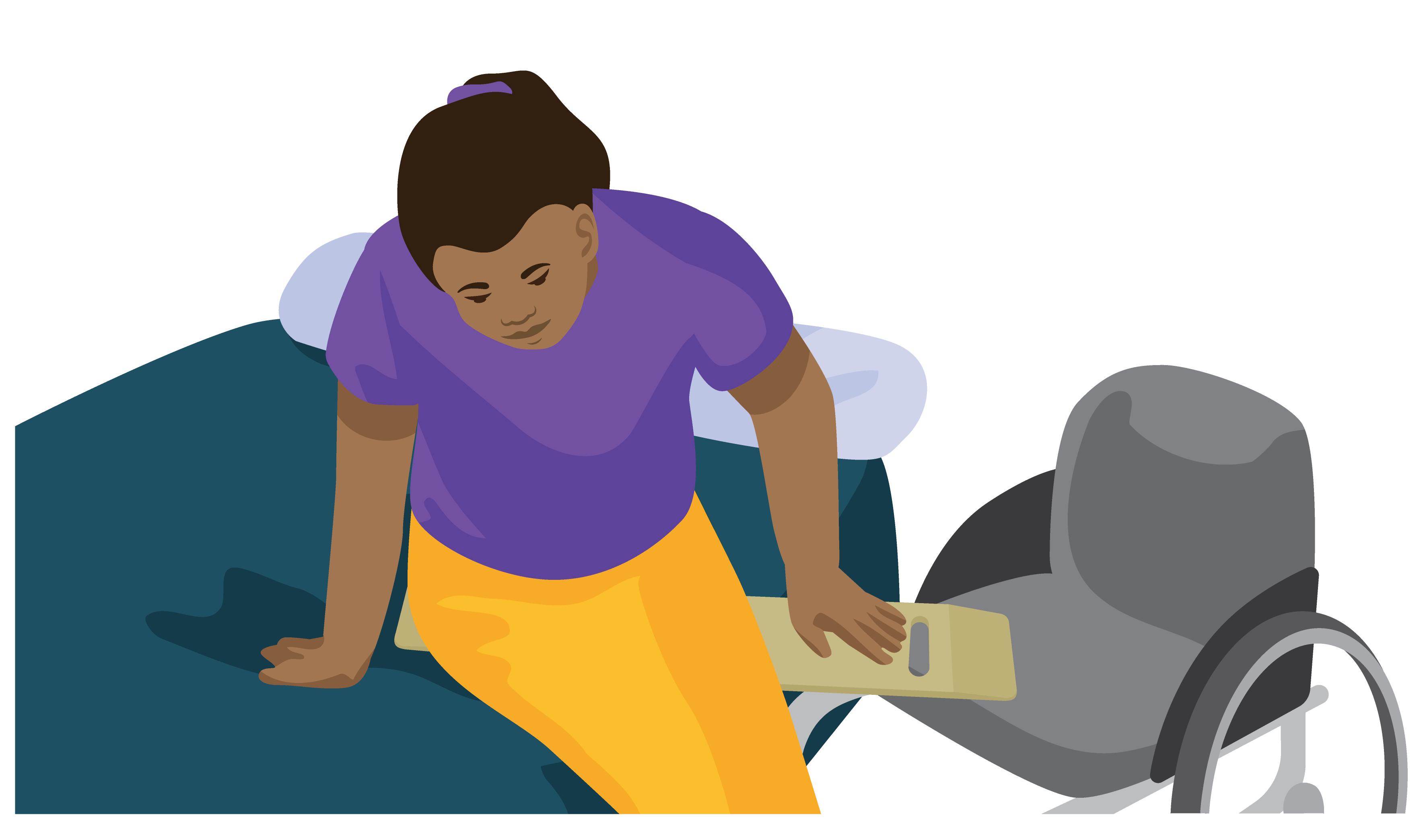 A person moves from a bed to a wheelchair. They lean forward and put one hand on the bed and one hand on the transfer board.