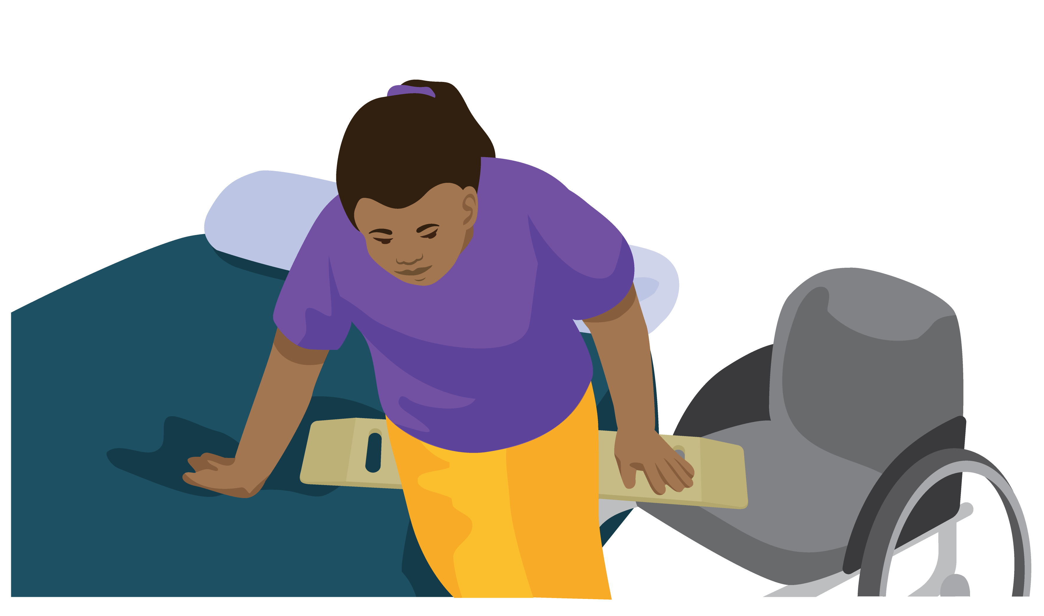 The person pushes through their hands lifts their buttocks to move onto the transfer board