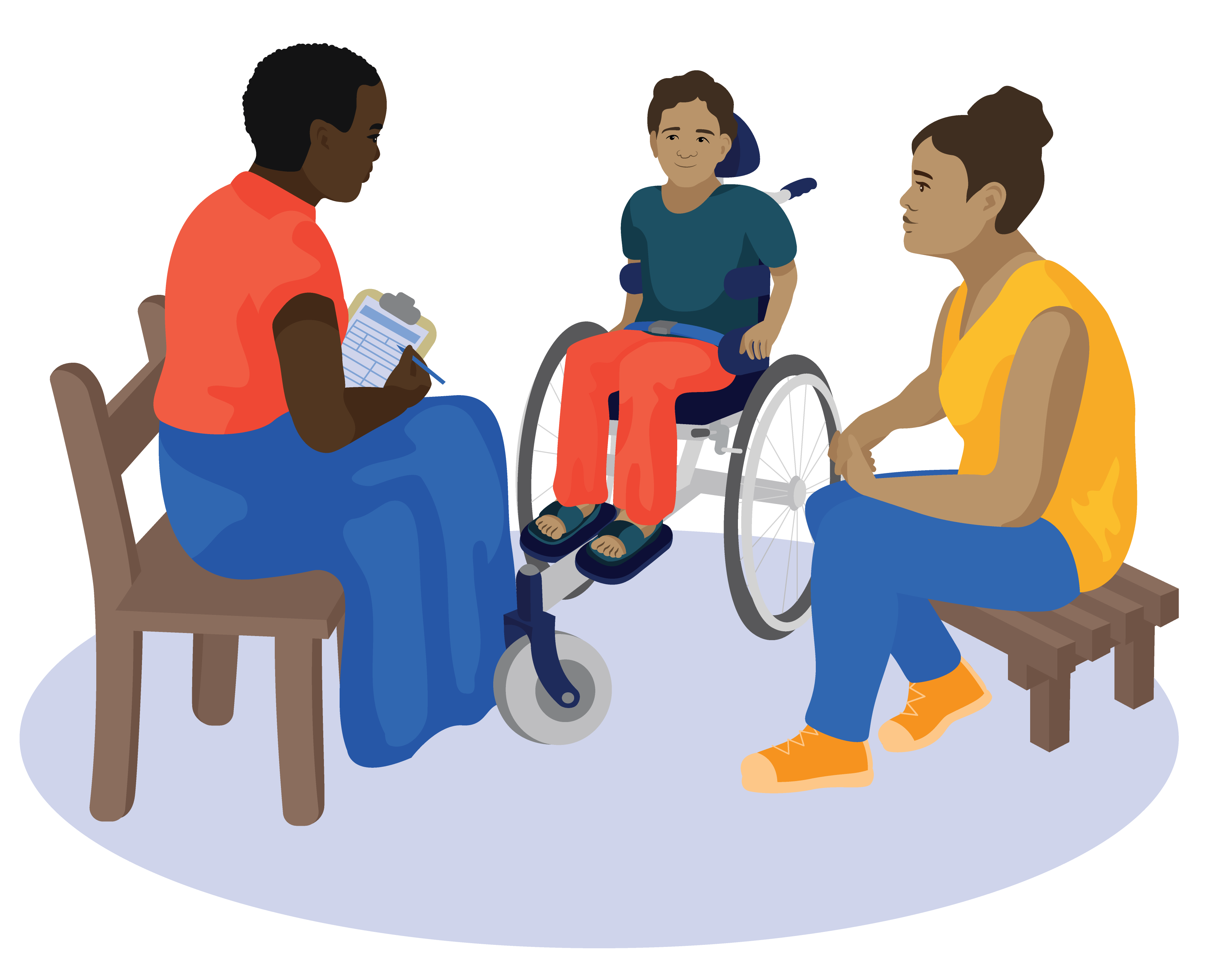 Health worker sits on a chair speaking to a child in a wheelchair and his mother sitting next to him on a stool.