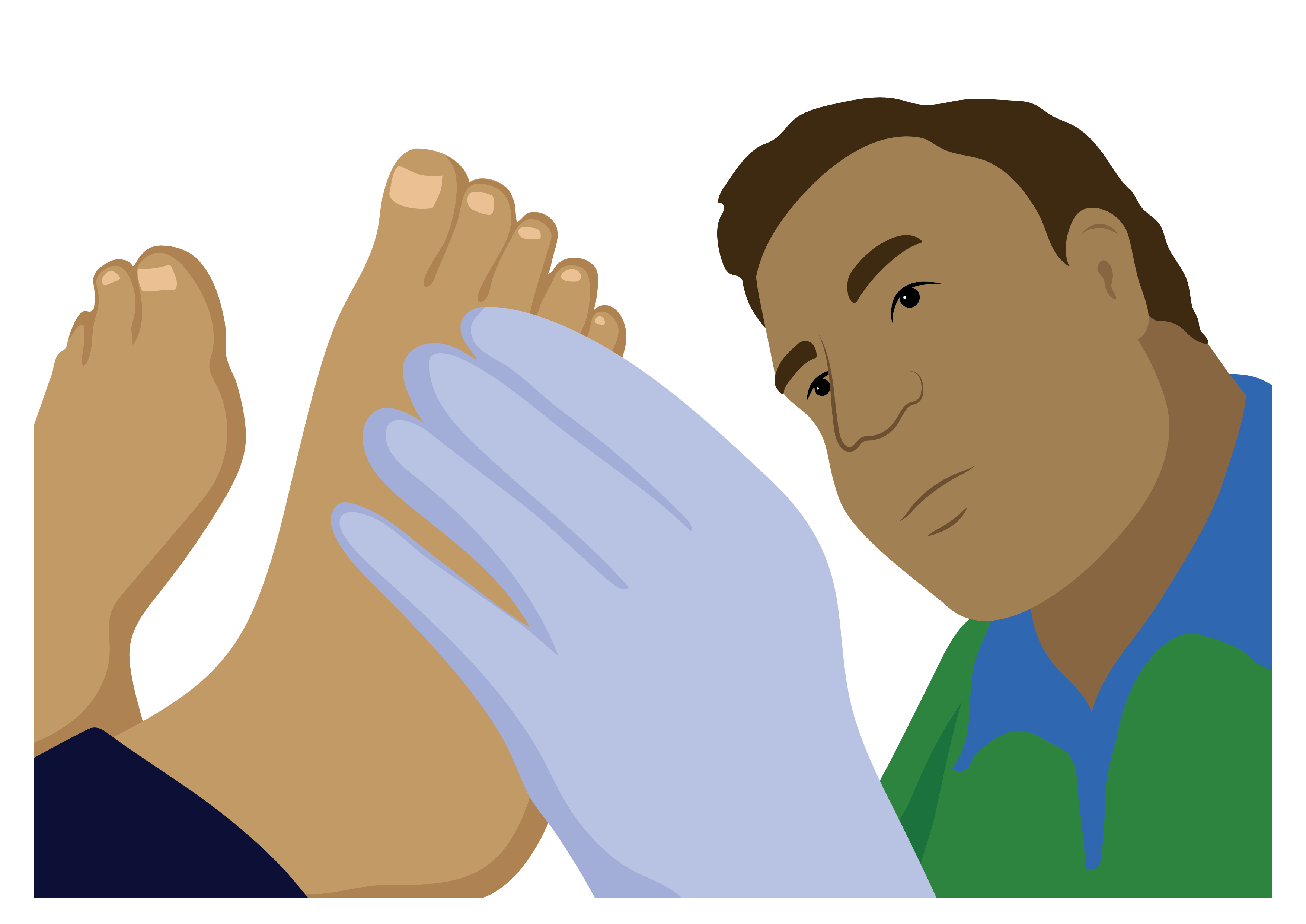 A health worker wears a glove to hold and check a person’s foot.