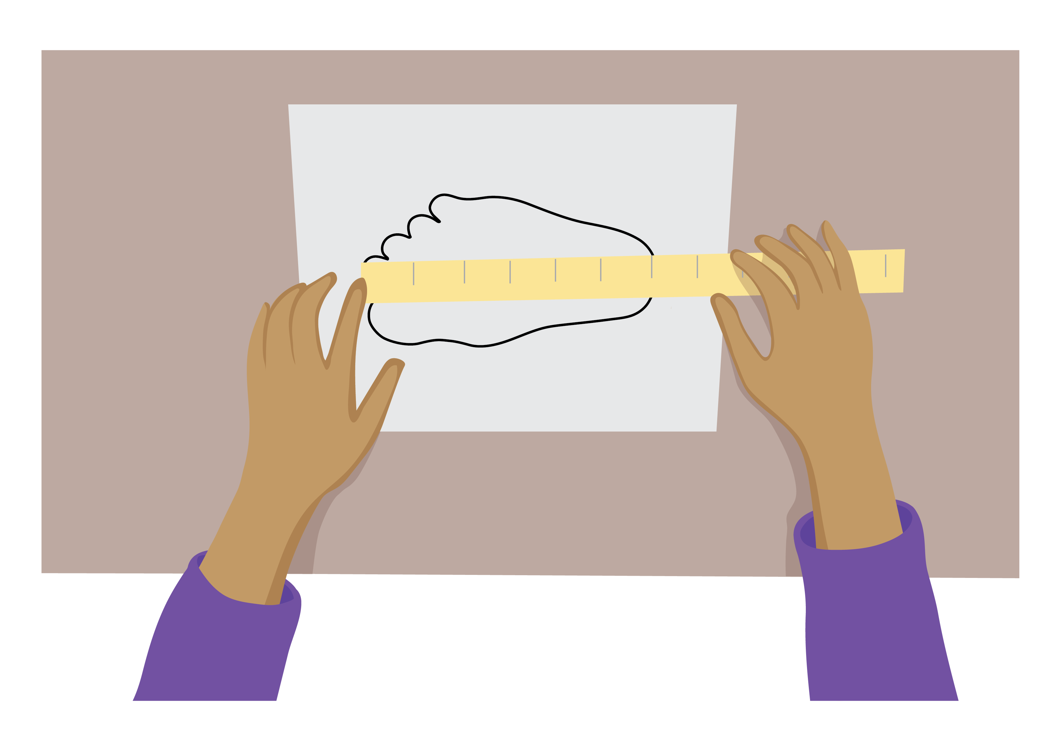 Person using a ruler to measure the length of the foot drawing.