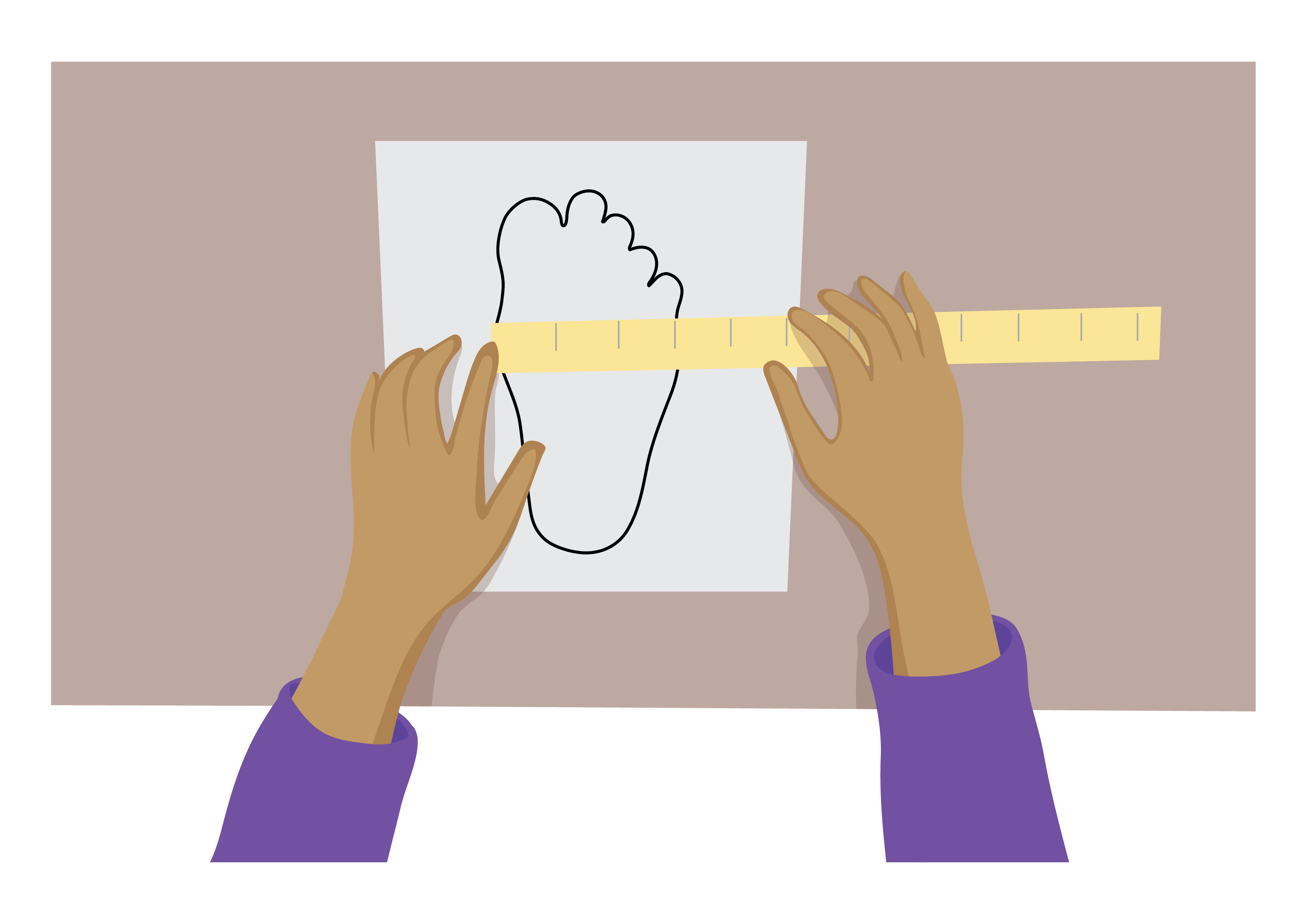 Person using a ruler to measure the width of the foot drawing.