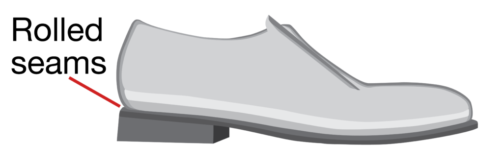 Shoe with rolled, rounded seams that do not stick out and appear hidden.