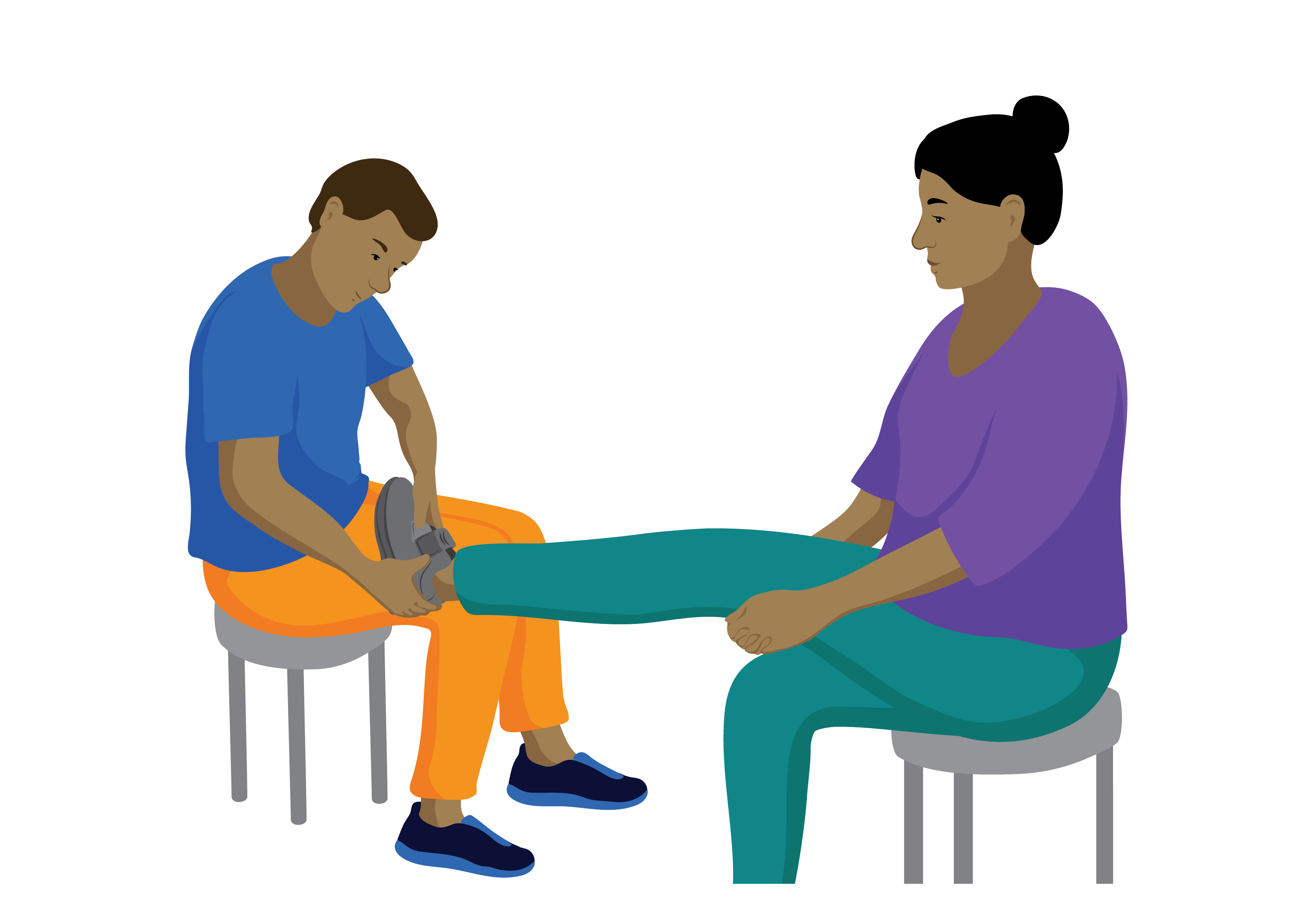 A woman sees a health worker to check her therapeutic footwear.