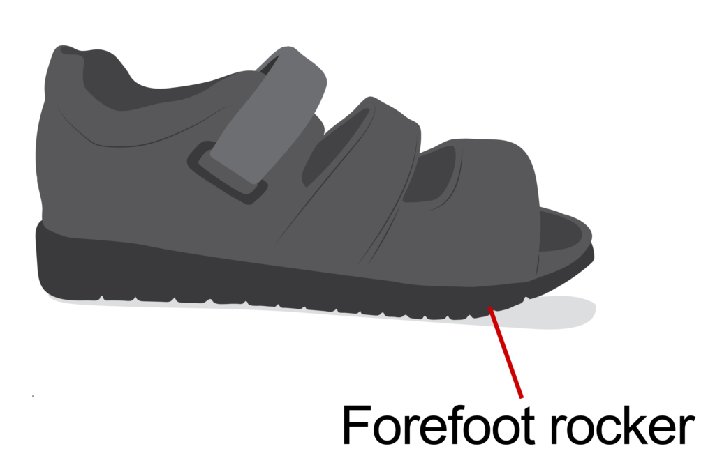 Therapeutic footwear showing a small curve to the front of the bottom of the shoe.