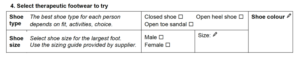 Select therapeutic footwear to try part of form.