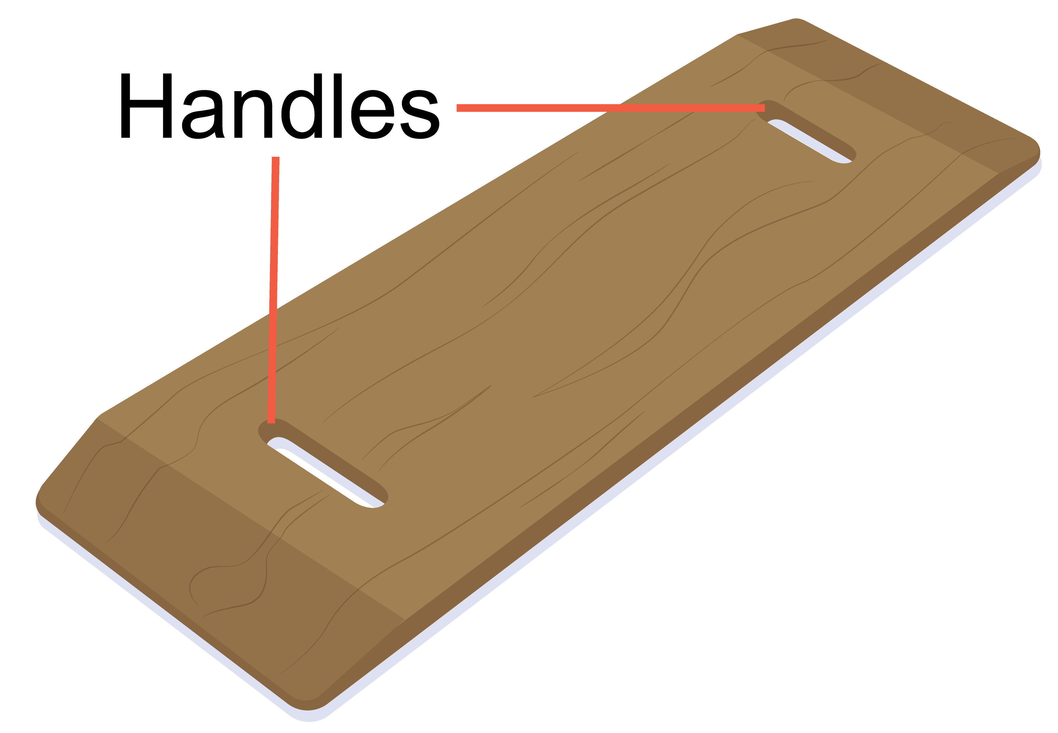 A straight wooden transfer board labelled with handles.