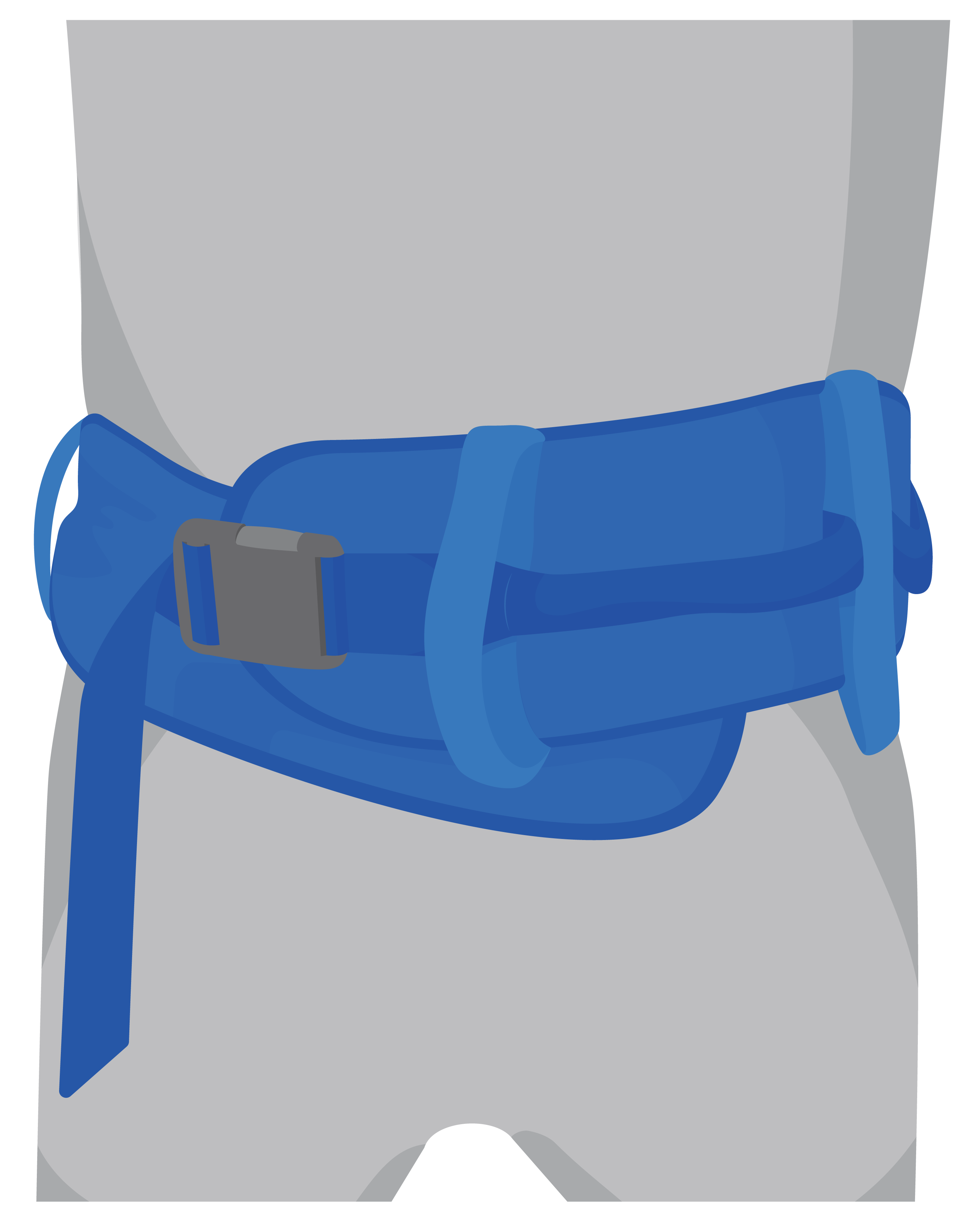 A wide fabric belt with loops is fastened by an adjustable strap and buckle around a person’s waist.
