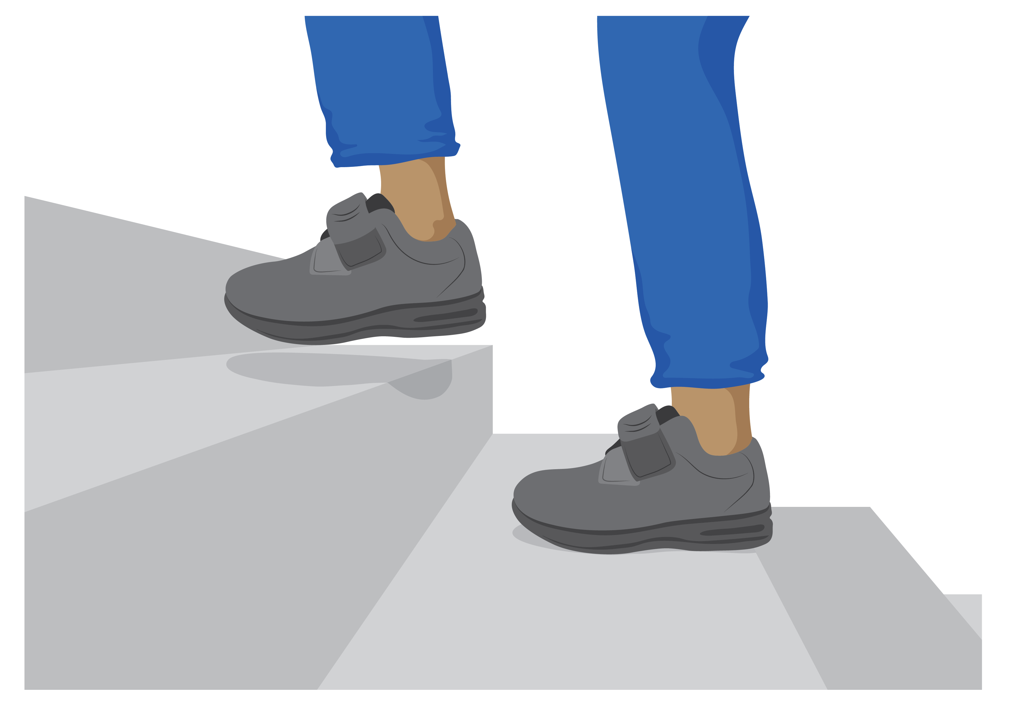 A person wearing therapeutic footwear walking up stairs.
