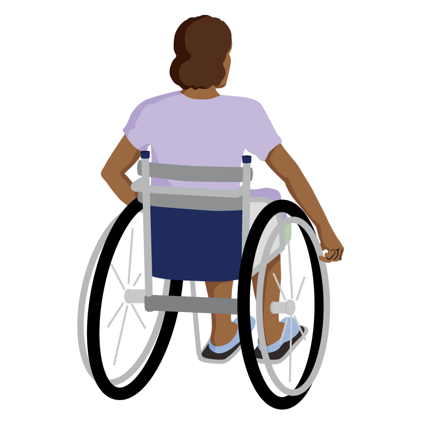 A person propelling themselves in a wheelchair. The backrest is below their shoulder blades..