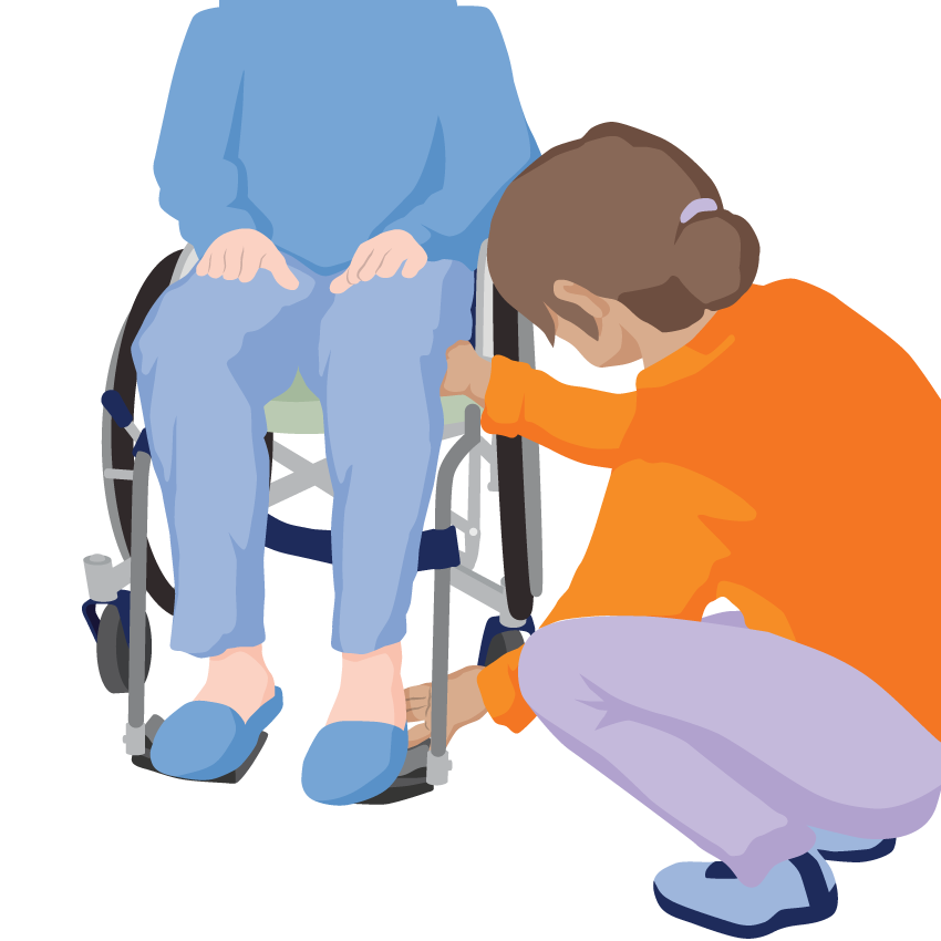 A health worker kneels to check that a person’s thigh and foot are fully supported.