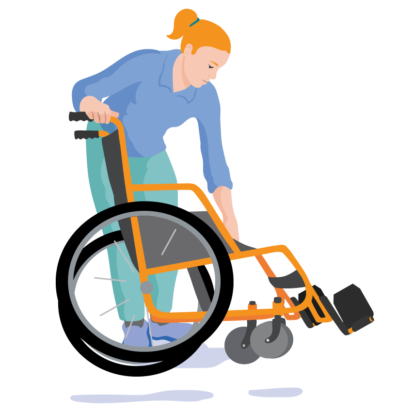 A person stands holding the push handle of the wheelchair and tips it towards them while lifting up the seat.