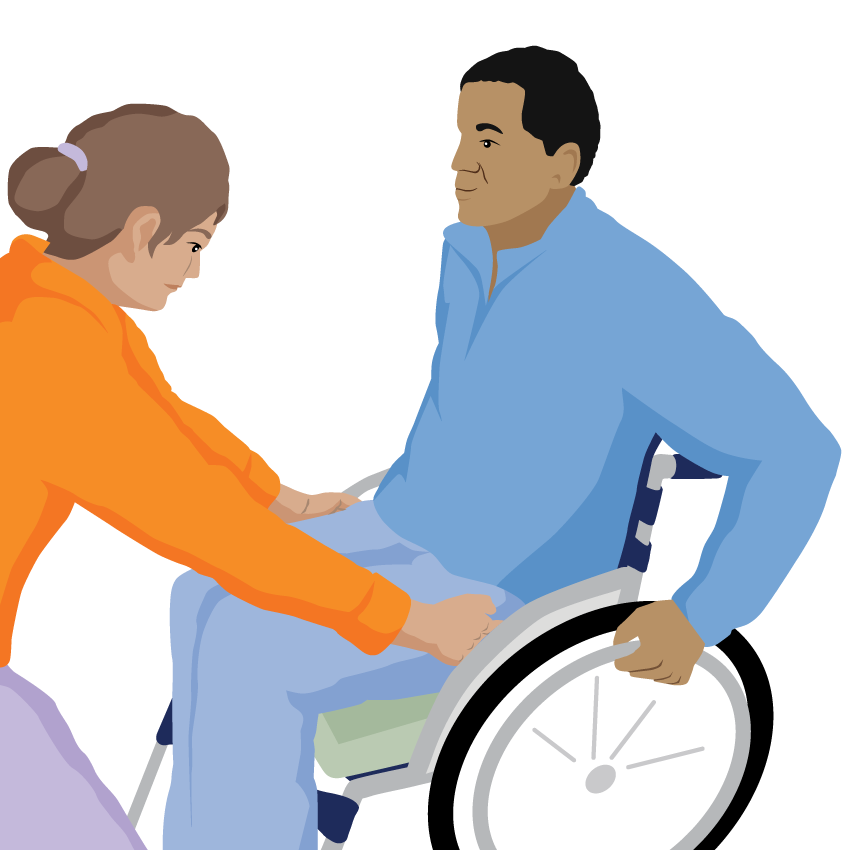 A man sits in a wheelchair. A woman puts her hands between his hips and the sides of the chair.