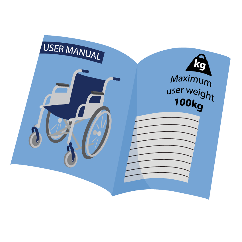 Wheelchair user manual showing maximum user weight of 100kg.